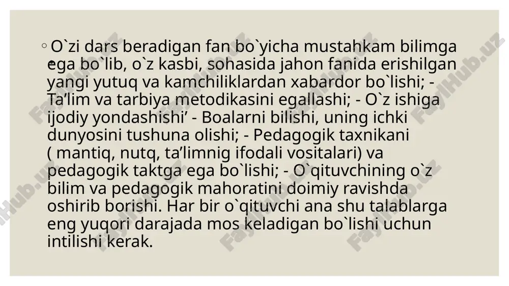 kan, uning shaxsida quyidagi fazilatlarning namoyon bo’lishi maqsadga muvofiqligiga urg’u beradi: vijdonli, ishchan, sabotli, axloqli, o’z ishini sevuvchi, o’quvchilarga otalaridek muomala qiluvchi, ularda bilimga havas uyg’otuvchi, o’quvchilarni o’z ortida ergashtiruvchi va diniy ehtiqod. k.d.ushinskiy o’qituvchi mahnaviyati va kasbiy faoliyatiga yuqori baho beradi hamda ularning kasbiy malakalarini doimiy ravishda takomilashtirib borish maqsadga muvofiq ekanligi to’g’risidagi fikrni ilgari suradi. . e’tiboringiz uchun rahmat image2.jpg image3.jpeg image4.jpeg image5.jpeg /docprops/thumbnail.jpeg