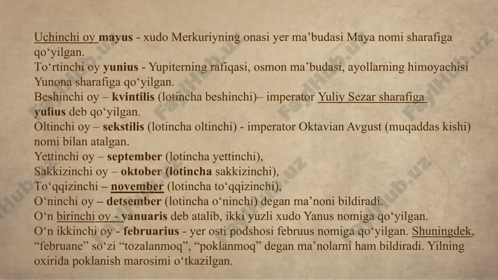 digan bo‘ldi. bu o‘zgarish yulian kalendarining belgilangan tashqi ko‘rinishini (toq oylar 31, juft oylar 30 kundan bo‘ladi degan) o‘zgartirib yubordi. ba’zi senat a’zolari oylarga boshqa rim imperatorlari nomlarini berishga ham harakat qilib ko‘rgan. imperator tiberiy (14-37), nomiga senat september oyini - tiberius, avrelia kommoda (176-192) nomiga ham sentabr oyini - kommodus, oktouberni - domitsian (81-96) sharafiga - domitsianus deb atashga harakat qilganlar. lekin, bu nomlar o‘sha davrdayoq qabul qilinmagan.rimga hafta tushunchasi sharqdan i asrda kirib kelgan bo‘lsa, faqatgina iv asrga kelibgina rimda yetti kunlik hafta qabul qilindi. sharqiy rim (vizantiya) imperiyasida ham yulian kalendaridan foydalanilgan. yulian kalendari keyinchalik zamonaviy kalendarni tuzishda asos bo‘ldi. hisobda qulay bo‘lishi uchun bu oyga bir kunni februariusdan olib berishdi. boshqa ba’zi oylarning sutkalari ham o‘zgartirildi. yangi kalendar nasroniy cherkovi tomonidan nikeya soborida 325 yilda qabul qilingan. milodiy yil hisobining boshlanishi iso payg‘ambarning tavalludi bilan bog‘liq. nasroniylik tarqala boshlagan ilk davrda bir qancha yil hisoblari mavjud …