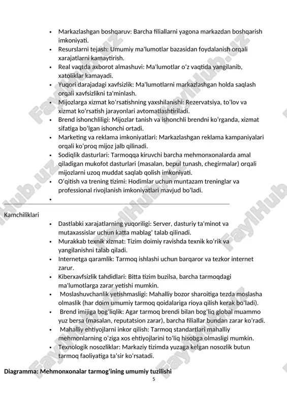 texnik talablar 1. internet va tarmoq aloqasi: · fiber-optik internet: barqaror va yuqori tezlikda ma'lumot almashish uchun tavsiya etiladi. · qo‘shimcha zaxira internet liniyasi (backup): internet uzilishi holatlarida tizimning ishlashini davom ettirish uchun. 2. server va ma'lumotlar bazasi: · bulut (cloud) serverlar: amazon aws, microsoft azure yoki google cloud kabi xizmatlardan foydalanish orqali elastiklik va ishonchlilikni oshirish. · ma'lumotlar bazasi klasterlash: bir nechta serverlar orasida ma'lumotlarni taqsimlab, tizimning barqarorligini oshirish. 3. rezervatsiya va mijoz xizmatlari: · omnichannel rezervatsiya tizimi: veb-sayt, mobil ilova va telefon orqali bron qilishni birlashtirish. · crm tizimi (customer relationship management): mijozlar bilan munosabatlarni boshqarish uchun (masalan, salesforce, zoho crm). · ai va chatbotlar: 24/7 avtomatik mijozlarga yordam ko‘rsatish uchun. 4. xavfsizlik talablari: · ma'lumotlarni shifrlash (data encryption): xususan, kredit karta ma'lumotlari va shaxsiy ma'lumotlar uchun. · 2 faktorli autentifikatsiya (2fa): xodimlar va foydalanuvchilar tizimga kirishda qo‘shimcha xavfsizlik qatlami. · doimiy xavfsizlik auditi: tizimning zaif nuqtalarini aniqlash …