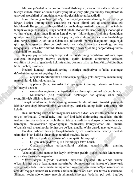isidan qanoatlanishdan ham xalos boʻlish, bundan jismoniy yoki shaxsiy tuygʻular yoʻqolib, allohning alohida marhamatiga aylanadi. kubraviya ta'limoti moʻgʻullar istilosiga bardosh bergan kam sonli ta'limotlardan biridir. qolaversa, sayf ad-din boxarziy (vaf. 1363 y., buxoro) kabi kubraviya shayxlari boshqa koʻplab shayxlar qatori moʻgʻul qabilalari va ular hukmdorlarining islomlashuviga katta ta'sir koʻrsatganlar. xiv asrda markaziy osiyoda paydo boʻlgan yana bir yirik tasavvufiy tariqat naqshbandiyadir. uning ikkinchi nomi xojagon yoʻnalishi boʻlib, xoja yusuf al-hamadoniyning mashhur shogirdi xoja abdulxoliq gʻijduvoniy (vaf. 1179 yoki 1220 y.)ga nisbat berilib shunday nomlangan. keyinchalik bu oqimga xoja bahouddin naqshband (1318-1389) murshidlik qilgan va shu davrdan e'tiboran naqshbandiya tariqati butun islom olamiga tarqala boshlagan. bahouddin naqshband buxoro yaqinidagi qasri orifon qishlogʻida dunyoga kelgan. yoshligida xojagon tariqati shayxlaridan muhammad bobo-yi samosiy uni ma'naviy farzandlikka qabul qildi. bir muddatdan keyin samosiy uning tarbiyasini amir kulolga topshirdi. ma'lum muddat samarqandda yashab, u erdagi shayxlarning suhbat va tavajjuhlariga musharraf boʻldi. amir kuloldan xalifalikni olgach, …