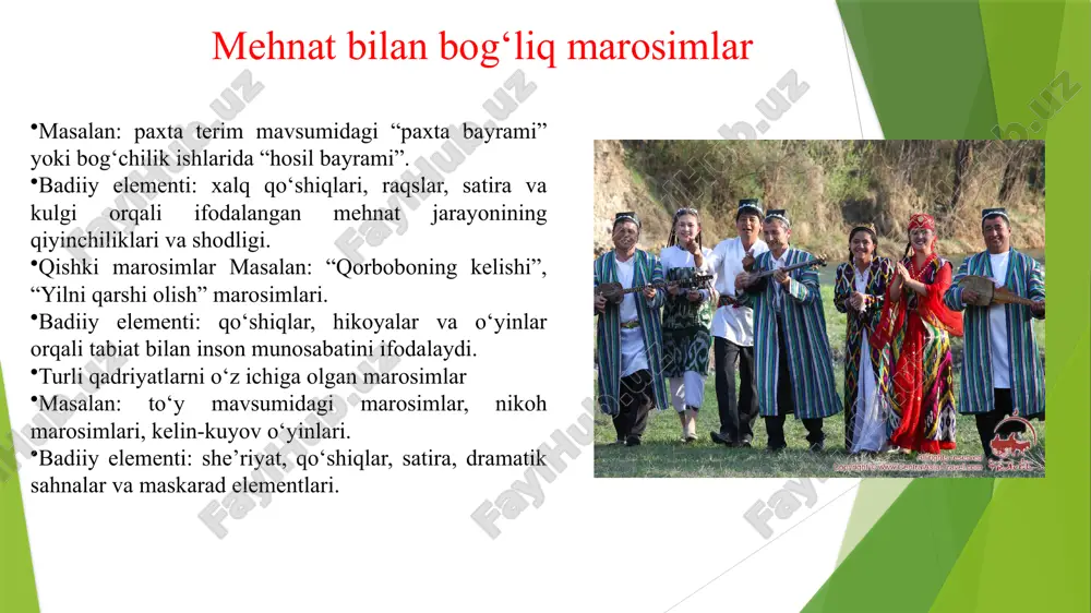 fodalaydi. ijtimoiy va estetik ta’sir marosimlar jamiyat a’zolari o‘rtasida birlik, mehr-oqibat va madaniy ongni rivojlantiradi. yangi shakllarning qo‘shilishi folklor doimo yangilanadi: qo‘shiqlar, raqslar va dramatik sahnalar zamon talabiga moslashadi. xulosa mavsumiy marosim folklori bu xalq ijodining nafaqat tarixiy, balki badiiy boyliklarini o‘zida mujassamlashtirgan kompleksdir. har bir marosim tabiat, mehnat, oilaviy va ijtimoiy hayot bilan bog‘liq bo‘lib, og‘zaki ijod, qo‘shiqlar, raqslar va dramatik sahnalar orqali xalqning dunyoqarashi, qadriyatlari va estetik didini ifodalaydi. bugungi kunda ushbu folklor shakllari sahnalashtirilgan va interaktiv shakllarga boyitilib, yangi badiiy ko‘rinishga ega bo‘lmoqda. foydalanilgan adabiyotlar axmedov, a. o‘zbekiston xalqining mavsumiy marosim folklori. toshkent, 2018 yil. islomov, b. navro‘z bayramining folklor va badiiy jihatlari. samarqand, 2020 yil. mirzaqulov, s. qishki va bahor marosimlarining xalq og‘zaki ijodida aks etishi. toshkent, 2019 yil. karimova, l. xorijiy tadqiqotlarda markaziy osiyo mavsumiy marosim folklori. toshkent, 2021 yil. yo‘ldoshev, r. mehnat va hosil bayramlarining folkloriy tahlili. buxoro, 2017 yil. rasulov, m. to‘y marosimlari …