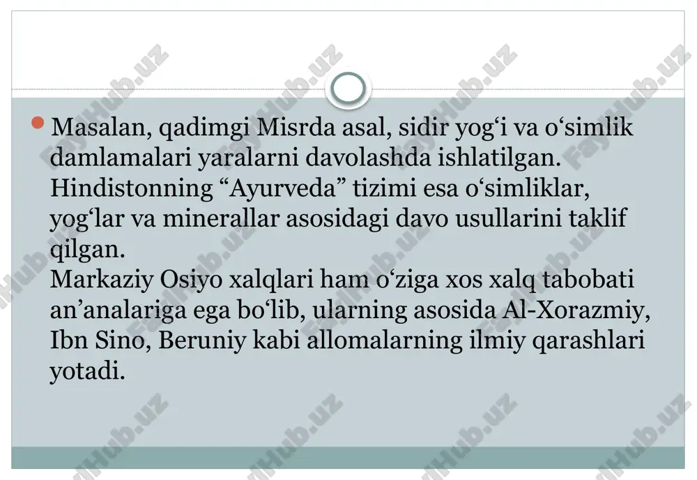 . kimyo tarixi fanidan o‘quv dastur. – toshkent, 2021. – 45 b. rasulov m., sodiqova m. kimyo tarixi. – toshkent: “fan va texnologiya”, 2017. – 380 b. muhammadjonov a. sharq tabobati va kimyoning rivojlanish bosqichlari. – toshkent: “yangi asr avlodi”, 2015. – 256 b. abu ali ibn sino. kitob al-qonun fi-t-tibb (tibb qonunlari). – qohira: dar al-kutub, 1593. – 560 b. al-xorazmiy m. kimyo va tabobat risolalari. – toshkent: “o‘zbekiston milliy ensiklopediyasi” nashriyoti, 2012. – 214 b. e’tiboringiz uchun rahmat! image3.jpeg image4.jpeg image5.jpeg image6.jpeg image7.jpeg image8.jpeg image9.jpeg image10.jpeg image11.png image12.jpeg image13.jpeg image14.jpeg image15.jpeg image16.jpeg