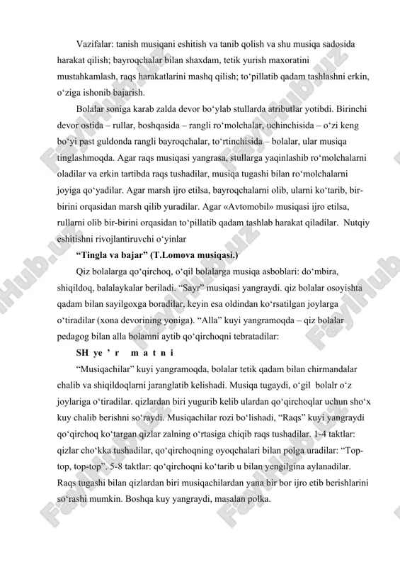 i musiqachilardan yana bir bor ijro etib berishlarini so‘rashi mumkin. boshqa kuy yangraydi, masalan polka. fonematik eshitishni rivojlantiruvchi o‘yinlar “tovuqni quvlaymiz”. (v.viktorova matni, an.aleksandrova qayta ishlagan chex xalq qo‘shiqi.) bolalar cho‘qqayib o‘tiradilar, qo‘shiq aytadilar, har chorakda yengilgina cho‘kka tushib tovuq qanday cho‘qiyotganini qo‘llari bilan ko‘rsatadilar. bir bola bolalarning qo‘shiq aytishini eshitib va pedagogning signalini kutib chekkada turadi. “ksh!” signalini eshitib hamma tarqalib ketadi, chekkada turgan bola esa ularni tutadi. matn: sh ye ’ r m a t n i “qovoq ari va qo‘nqizlar”. bolalar osoyishta kuy ostida doira bo‘lib yuradilar, kuy almashadi va “qo‘nqizlar” “qovoq arilar” bilan yaylovga “uchib keladilar”. pedagogning “sh-sh!” signali bo‘yicha “qovoq arilar” yelkalariga yotadilar va “panjalarini” tez silkitadilar, “qo‘nqizlar” yotgan “qovoq arilar” atrofida “uchishni” davom ettiradilar. pedagogning “j-j” signaliga “qo‘nqizlar” yelkalariga yotadilar va “panjalarini” silkitadilar, “qovoq arilar” esa ular atrofida “uchadilar”. komandalarning almashuvi bir necha marta qaytariladi.“qovoq ari va qo‘nqizlar” qaytadan boshlangan musiqa ostida yaylovdan “uchib …