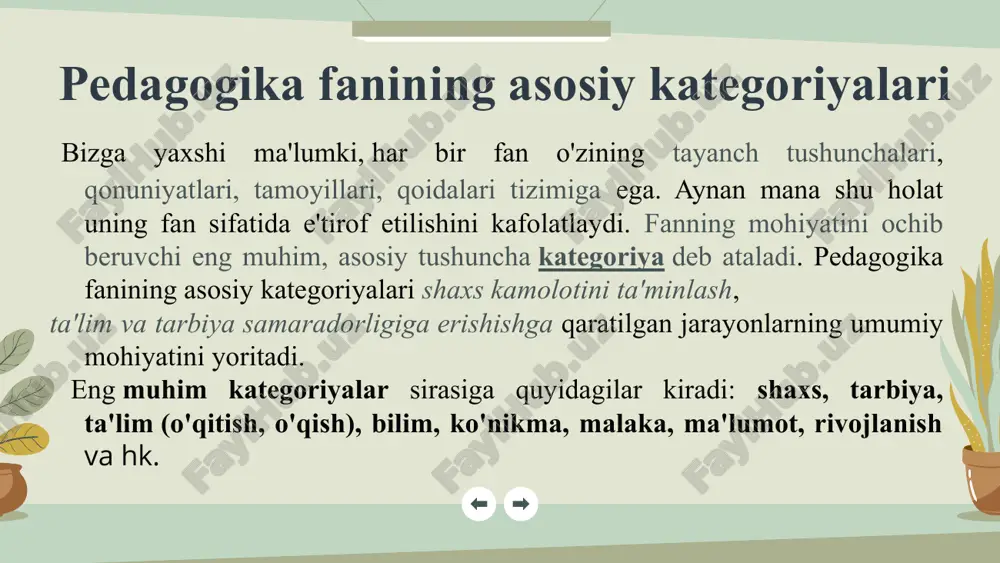 dagogik texnologiyalarni qo'llash, texnologik yondashuv asosida ta'lim va tarbiya jarayonining samaradorligini oshirish muammolarini o'rganadi. pedagogik mahorat — bo'lajak o'qituvchilarning kasbiy mahoratlarini oshirish, takomillashtirish muammolarini o'rganadi. shaxs rivojlanishi haqida tushuncha. shaxs tushunchasi insonga taalluqli bo’lib, konkret kishi, ya’ni, muayyan jamiyatning a’zosini ifodalashga xizmat qiladi. odam shaxs bo’lishi uchun psixik jihatdan rivojlanishi, o’zini yaxlit inson sifatida his etishi, o’z xususiyatlari va sifatlari bilan boshqalardan farq qilmog’i kerak. “individ” nima? bola ma’lum yoshga qadar “individ” sanaladi. individ lotincha “individium” so’zidan olingan bo’lib, «bo’linmas», «alohida shaxs», «yagona» ma’nolarini anglatadi. shaxs tarbiyasiga ta’sir etuvchi omillar. fanda odamning shaxs sifatida rivojlanishiga biologik va ijtimoiy omillarning ta’siri o’rtasidagi munosabatni belgilashga oid munozara ko’pdan buyon davom etmoqda. insonning shaxs sifatida rivojlanishiga ijtimoiy voqealar, tabiiy omillar yoki tarbiya ta’sir etadimi? bu uch omilning o’zaro munosabati qanday? fanda biologik yo’nalish deb nomlangan nuqtai nazar yetakchi o’rinlardan birini egallab, uning vakillari aristotel, platonlar tabiiy-biologik omillarni yuqori qo’yadi. ular tug’ma imkoniyatlar, taqdir, …