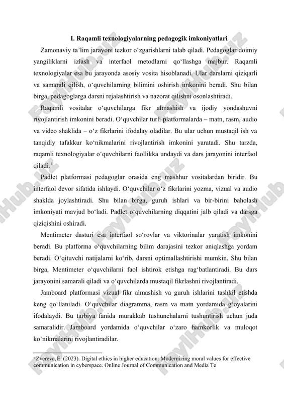 bayon qiladilar. shu tarzda, dars jarayoni faqat bilim berish emas, balki ijodiy salohiyatni rivojlantirishga xizmat qiladi.padlet o‘quvchilarga guruh bo‘lib ishlash imkonini ham beradi. ular bir mavzu bo‘yicha fikr almashishadi, bir-birining g‘oyalarini baholashadi va yangi yechimlar ishlab chiqadilar. o‘qituvchi esa o‘quvchilarning faoliyatini kuzatib, zarur hollarda yo‘naltirish berishi mumkin. shu tarzda, interfaol vositalar dars sifatini oshiradi va o‘quvchilarning axloqiy qarashlarini shakllantirishga yordam beradi.[footnoteref:1] [1: poskakalova, t. a. (2023). digital storytelling as a means of education and formation of spiritual and ethical values in adolescence (on the base of classic literature material). psychological science and education, 28(4), 177189. https://doi.org/10.17759/pse.2023280411] mentimeter platformasi esa interfaol so‘rovlar, viktorinalar va taqdimotlar yaratishda qo‘llaniladi. tarbiya fanida pedagog so‘rov orqali o‘quvchilarning axloqiy qarashlari yoki hayotiy vaziyatlarda qanday qaror qabul qilishini aniqlay oladi. olingan natijalar asosida darsni moslashtirish va o‘quvchilar bilan samarali muloqot qilish mumkin. shu tarzda, dars interfaol va qiziqarli bo‘ladi.mentimeter orqali o‘quvchilarning individual va guruh bo‘yicha natijalarini kuzatish …