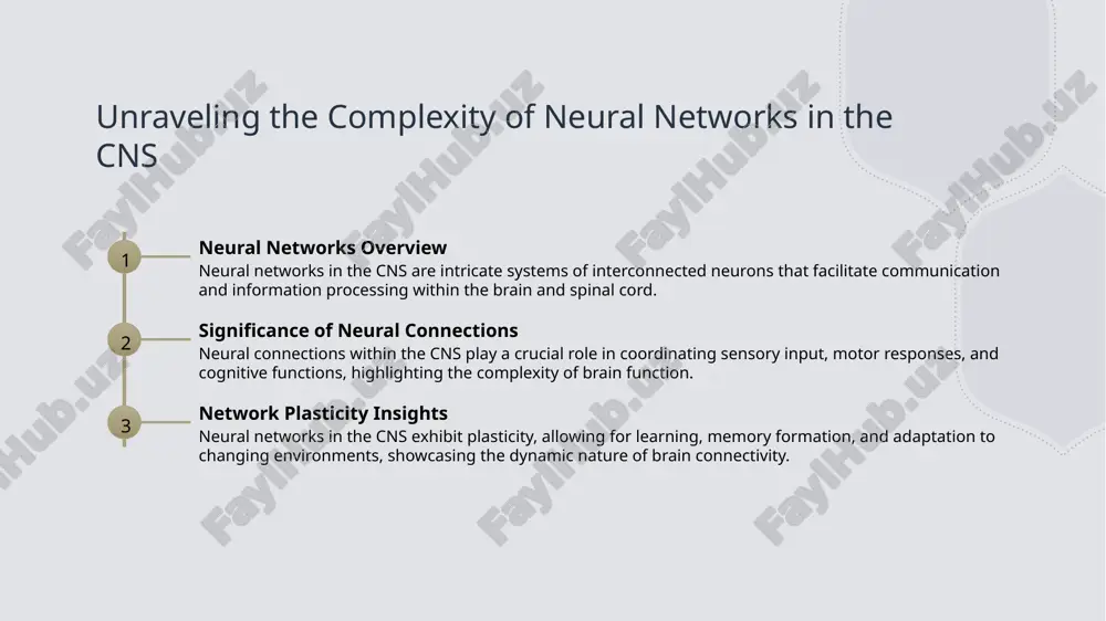 ase of cortisol, impacting neuron function. chronic stress can lead to neural degeneration and cognitive impairments. 2 neurotransmitter influence stress affects neurotransmitter levels, altering communication between neurons. imbalances in neurotransmitters can impact mood, memory, and cognitive abilities. 3 neural circuit disruption prolonged stress disrupts neural circuits, affecting decision-making and emotional regulation. this disruption can lead to anxiety disorders and other mental health issues. conclusions 01 key takeaways: cns functioning understanding the intricate functions of the central nervous system is crucial for comprehending how our body regulates various bodily processes and behaviors. 02 neurophysiology insights delving into neurophysiology provides a deeper understanding of the mechanisms behind cognitive functions, neural pathways, and the integration of senses within the nervous system. 03 implications of stress stress can significantly impact nervous system functions, affecting neurotransmitter levels and overall neural communication, highlighting the importance of maintaining a healthy balance for optimal functioning. thank you! image1.png …