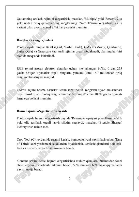 aydi. photoshopni o'rganish uchun resurslar adobe photoshop-ning rasmiy veb-sayti juda ko'p bepul o'quv qo'llanmalari, darsliklar va loyihalarni taqdim etadi, jumladan 200 dan ortiq yangi boshlanuvchilar uchun mo'ljallangan qadam-baqadam yo'riqnomalar mavjud. youtube-da ko'plab photoshop kanallari mavjud, masalan, 'phlearn' yoki 'piximperfect', ular turli xil ko'nikmalarni qamrab oladi, ularda 500 dan ortiq video darsliklar, retushlashdan tortib rangni tuzatishgacha. skillshare va udemy kabi onlayn ta'lim platformalarida photoshop bo'yicha professional kurslar mavjud, ularning narxi $20 dan $200 gacha, ularda 10 soatdan 60 soatgacha bo'lgan video kontent, qo'shimcha resurslar bilan. xulosa adobe photoshop – bu raqamli tasvirlarni qayta ishlash va tahrirlash uchun kuchli dasturiy taʼminot boʻlib, professional va havaskor foydalanuvchilar uchun keng imkoniyatlar taqdim etadi. foydalanilgan adabiyotlar 1. adobe photoshop rasmiy veb-sayti: [https://www.adobe.com/products/photoshop.html](https://www.adobe.com/products/photoshop.html) 2. "photoshop for dummies" kitobi (muallif: barbara obermeier va ted padova) 3. "adobe photoshop classroom in a book" kitobi (adobe creative team tomonidan) 4. wikipedia'dagi adobe photoshop sahifasi: [https://en.wikipedia.org/wiki/adobe_photoshop](https://en.wikipedia.org/wiki/adobe_photoshop) 5. creative bloq veb-sayti: …