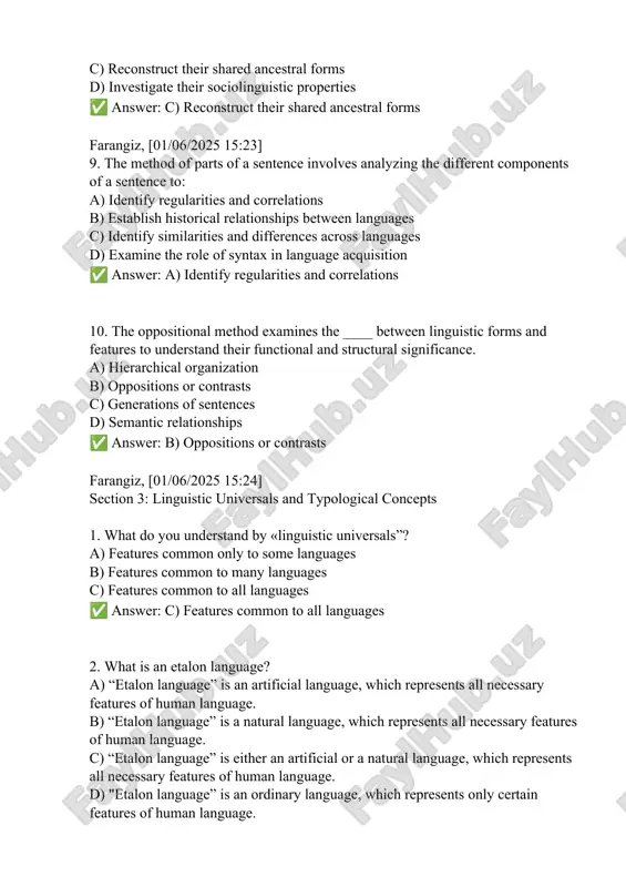 tures common to many languages c) features common to all languages ✅ answer: c) features common to all languages 2. what is an etalon language? a) “etalon language” is an artificial language, which represents all necessary features of human language. b) “etalon language” is a natural language, which represents all necessary features of human language. c) “etalon language” is either an artificial or a natural language, which represents all necessary features of human language. d) "etalon language” is an ordinary language, which represents only certain features of human language. ✅ answer: c) “etalon language” is either an artificial or a natural language, which represents all necessary features of human language. 3. what is the basic word order of simple sentence in modern english and russian? a) svo b) sov c) ovs d) vos ✅ answer: a) svo 4. what are the secondary parts of the sentence in the languages compared? …