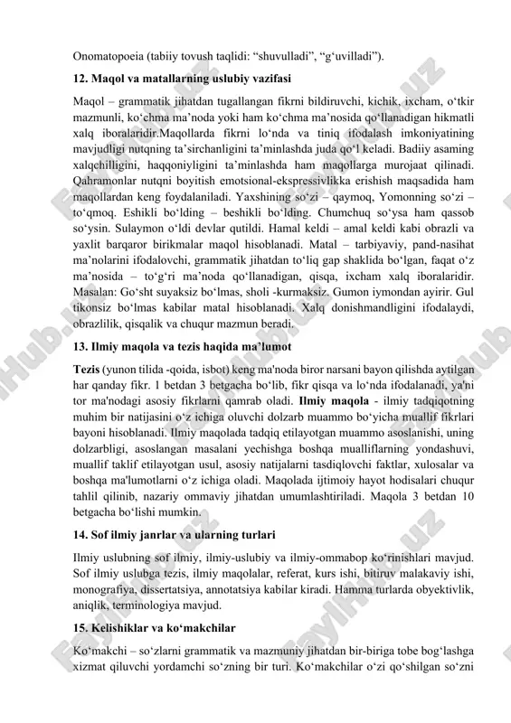 ra kun” – qiyin, g‘amgin vaqt. “qora ko‘z” – husn, go‘zallik ma’nosida ishlatiladi. 9.ijtimoiy chegaralangan leksika leksemalarning ishlatilish doirasi chegaralangan yoki chegaralanmagan bo‘lishi mumkin. bunday ikki guruhga ajratish asosan ot, sifat, ravish va fe’l turkumidagi leksemalarga xosdir. son va olmosh turkumida, shuningdek, bog‘lovchi, yuklama, ko‘makchi va undovlarda ishlatilish doirasi chegaralangan so‘zlar yo‘q. umumxalq tilida keng qo‘llaniladigan va shu tilda so‘zlashuvchilarning barchasi uchun tushunarli bo‘lgan so‘zlarga qo‘llanilish doirasi chegaralanmagan so‘zlar deyiladi. ular neytral leksika atamasi bilan ham yuritiladi. masalan: non, un, bug‘doy, daftar, qor, bulut va boshqalar. ishlatilish doirasi chegaralangan birliklar esa o‘z ichki guruhlanishga ega bo‘lib, ular quyidagicha: a) hududiy chegaralangan so‘zlar: shevaga oid so‘zlar; b) sotsial chegaralangan so‘zlar: eskirgan (tarixiy, arxaizm) so‘zlar, jargon, argo, vulgarizm, varvarizm, neologizm va atamalar. 10.badiiy matnlarda antonimni qoʻllash evaziga shakllanadigan tasviriy vositalariga misol keltiring. tazod sanʼati lafziy sanʼatlar ichida eng koʻp qoʻllaniladigan lugʻaviy-uslubiy vositalardan biridir. bu sanʼat mumtoz adabiyotda – mutobiqa, tiboq, tadbiq, takofu, …