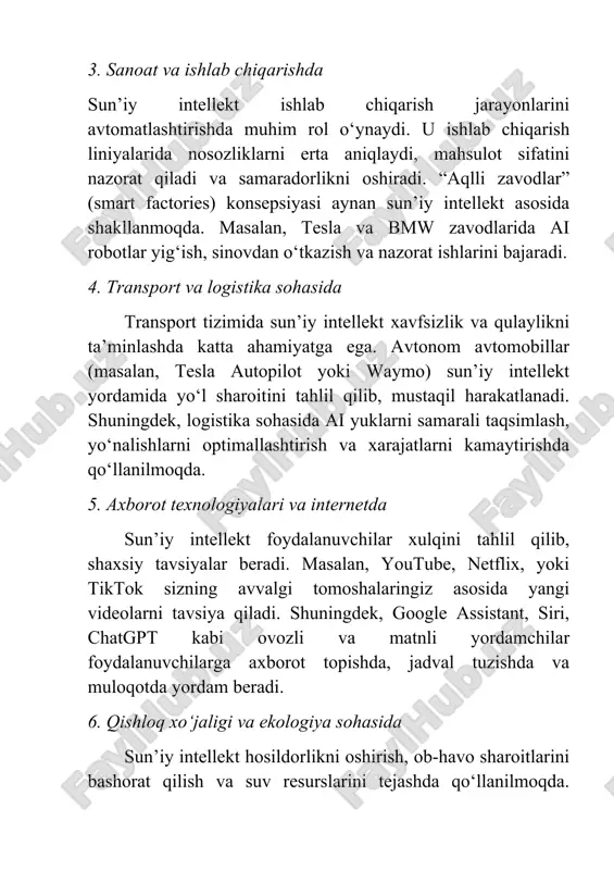 ladi. masalan, google home, amazon alexa, apple homekit kabi tizimlar ovoz orqali buyruqlarni qabul qilib, foydalanuvchining kundalik ishlarini yengillashtiradi. 11. axborot xavfsizligi va kiberxavfsizlik bugungi raqamli davrda sun’iy intellekt kiberxavfsizlikda ham muhim ahamiyat kasb etadi. ai algoritmlari zararli dasturlarni aniqlaydi, tarmoqlardagi hujumlarni oldindan bashorat qiladi va himoya choralarini ko‘radi. shu tariqa, sun’iy intellekt internet xavfsizligini ta’minlashda insondan tezroq va aniqroq harakat qila oladi. 12. inson mehnatini yengillashtirishdagi o‘rni sun’iy intellekt inson o‘rniga monoton, xavfli yoki juda murakkab ishlarni bajaradi. masalan, kosmik tadqiqotlar, dengiz tubi yoki radioaktiv muhitda ishlashda ai robotlari qo‘llaniladi. bu esa inson hayotini xavfsizroq va samaraliroq qiladi. sun’iy intellektning ijobiy va salbiy ta’siri, kelajakdagi ahamiyati sun’iy intellekt (si) bugungi kunda insoniyat hayotining ajralmas qismiga aylanib, deyarli barcha sohalarda faol qo‘llanilmoqda. u hayotni yengillashtiradi, ishlab chiqarishni avtomatlashtiradi va qaror qabul qilish jarayonlarini tezlashtiradi. biroq, har qanday texnologiya kabi, sun’iy intellektning ham ijobiy va salbiy tomonlari mavjud. ijobiy ta’sirlari 1. …