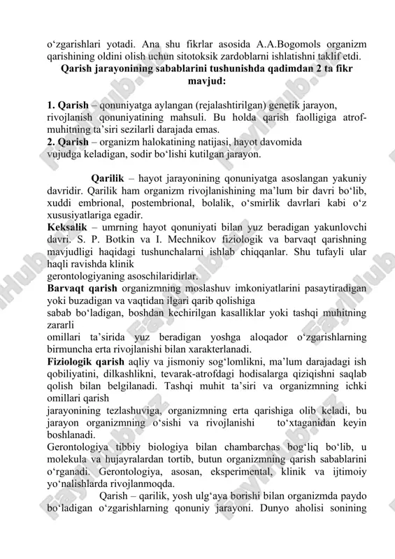 nayotgan patologiya bilan o‘zaro bog‘liqligini o‘rganishdir. „gerontopsixologiya“ – keksalarning ruhiy holati va fe’latvorini, ularga xos psixologik holatlarni va ularning kasallikka ta’sirini o‘rganadigan fan. „gerodiyetika“ – keksaygan kishilar ovqatlanishini maqsadga muvofiq oqilona tashkil etishni va uning xususiyatlarini o‘rganadi. „gerodermiya“ – keksaygan kishilar teri qoplami xususiyatlarini o‘rganuvchi bo‘lim. „geroekologiya“ – qarish jarayoniga ekologik omillarning ta’sir etishini o‘rganuvchi fan. bugungi kunda jahonda genetik olimlarning chuqur izlanishlari natijasida, qarish jarayoniga ta’sir etuvchi genlar borligi taxmin qilinmoqda. agar bu taxmin tasdiqlansa „gerontologiya“ fanida keskin o‘zgarishlar yuz berishi va insonning hozirgidan ham uzoqroq umr ko‘rishiga erishish mumkin. genetikaning rivojlanishi juda ko‘p geriatrik kasalliklarning kamayishiga sabab bo‘ladi. keksalik va qariyalar muammolarini aniqlash: noqulay ta’sir qilish ehtimoli bo‘lgan o‘zgarishlar: 1. ijtimoiy soha/bandlik: – nafaqaga chiqish; – bevalik, yaqinlarini yo‘qotish; – turar joyining o‘zgarishi; – do‘stlari va oilasini yo‘qotish; – moliyaviy mustaqillikni yo‘qotish. – kasb mahoratini va o‘z hurmatini yo‘qotish; 2. fiziologik soha: – gormonal o‘zgarishlar; – insulinga muhtoj …