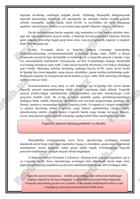 irokchi sifatida tan olindilar. xususiy mulk individni erkinlik bilan ta’minlagan eng muhim iqtisodiy omil bo‘lib, aynan shu omil fuqarolik ongining rivoj topishiga asos bo‘ldi. jamiyatdagi huquqiy tenglik barchaning tom ma’noda iqtisodiy jihatdan tengligi emas, balki kishilardagi mavjud imkoniyatlarni tenglashtirishni anglatadi. bu holatning o‘ziga xosligi shundaki, mulkiy imkoniyatlardan qat’i nazar huquqiy tenglik, ya’ni huquqiy jihatdan teng imkoniyatlarga ega bo‘lish kishilardagi ichki qobiliyatning namoyon bo‘lishiga imkon yaratdi. fuqarolik jamiyatining paydo bo‘lishiga qadar aksariyat mamlakatlarda mutlaq monarxiya tizimlari amalda bo‘lgan. davlat shaxs hayotini sinfiy tizim qoidalari asosida qattiq chegaralar edi. davlat birgina monarx timsolida ba’zi sinflarga keng imtiyozlar bersa, boshqalarini barcha imkoniyatlardan mahrum qilar edi. an’anaviy feodal jamiyatdan o‘z negizida burjua tizimini ifoda etgan fuqarolik jamiyatiga o‘tish, to‘laqonli huquq va erkinliklarga ega bo‘lgan mustaqil ijtimoiy va siyosiy subyekt sifatidagi fuqaroning paydo bo‘lganligini anglatar edi. o‘sha davrda davlatning bunday vaziyatga nisbatan munosabati ijobiy bo‘lganligini ta’kidlash qiyin, albatta. dastlabki davrlarda fuqarolarning muxtor uyushmalari tomonidan shakllantirilgan, …