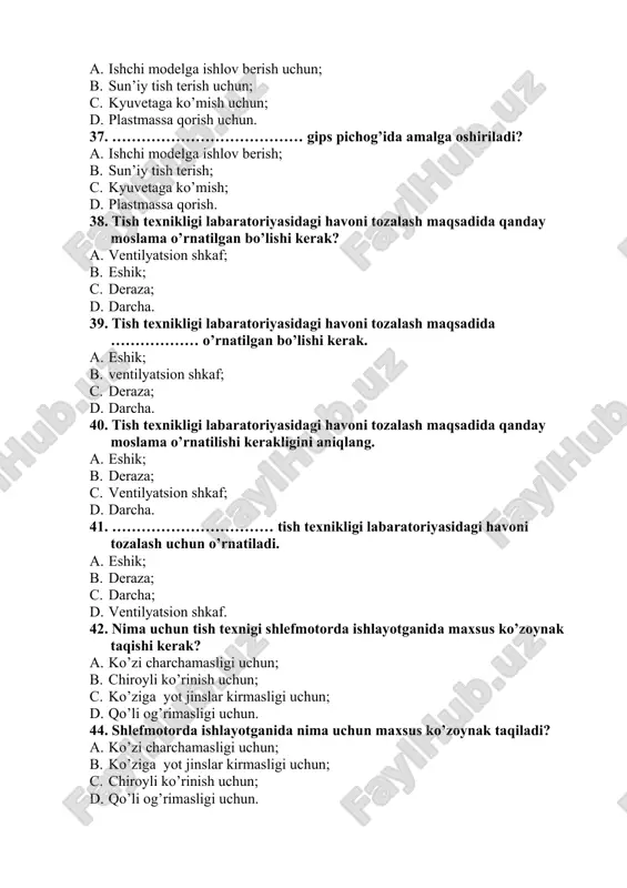 ish uchun; c. qo’li og’rimasligi uchun; d. ko’ziga yot jinslar kirmasligi uchun. 47. tish texnigi shlefmotorda ishlayotganida ko’zga yot jinslar kirmasligi uchun nima kiyishi lozim? a. maxsus etik; b. maxsus qo’lqop; c. maxsus ko’zoynak; d. maxsus kiyim. 48. shlefmotorda ishlayotgan tish texnigi ko’ziga yot jinslar kirmasligi uchun nima kiyishi lozim? a. maxsus etik; b. maxsus ko’zoynak; c. maxsus qo’lqop; d. maxsus kiyim. 49. tish texnigi shlefmotorda ishlayotganida kozga yot jinslar kirmasligi uchun ………………………… kiyishi lozim. a. maxsus ko’zoynak; b. maxsus etik; c. maxsus qo’lqop; d. maxsus kiyim. 50. shlefmotorda ishlayotgan tish texnigi ko’ziga yot jinslar kirmasligi …………… kiyishi lozim. a. maxsus etik; b. maxsus qo’lqop; c. maxsus kiyim; d. maxsus ko’zoynak. 51. quyish xonasi nima uchun mo’ljallangan? a. protezning metall qismlarini quyish uchun; b. protezlarga ishlov berish uchun; c. protezlarni plastmassaga almashtirish uchun; d. protezlarning mumni eritish uchun. 53. quyish xonasida qanday ishlar bajariladi? a. protezning metall qismlarini quyish uchun; …