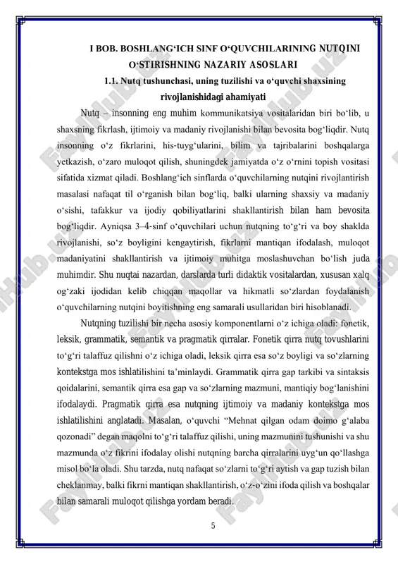 i. misol uchun, 4-sinf o‘quvchisi darsda maqollar yoki hikmatli so‘zlardan foydalanib o‘z fikrini izchil va lo‘nda ifodalasa, u nafaqat nutqini rivojlantiradi, balki mantiqiy fikrlash, tinglash va fikr almashish ko‘nikmalarini ham mustahkamlaydi. shu bilan birga, nutq bolaga ijtimoiy vaziyatlarga moslashish, jamoada o‘zini ishonch bilan ifoda etish va boshqalar bilan samarali hamkorlik qilish imkonini beradi. masalan, guruh ishlari yoki muhokama mashg‘ulotlarida o‘quvchi nutqini to‘g‘ri qo‘llash orqali guruh a’zolari bilan fikr almashadi, jamoaviy ishlash ko‘nikmalarini rivojlantiradi va o‘zining ijtimoiy rolini anglaydi. nutqning rivojlanishi o‘quvchilarning nafaqat til o‘rganish, balki umumiy intellektual va ijtimoiy rivojlanishida muhim omil hisoblanadi, chunki og‘zaki va yozma nutq orqali bola fikrini mantiqan tartiblaydi, tushuncha va bilimlarni boshqalarga yetkazadi hamda o‘zini ijtimoiy muhitda ishonch bilan ifoda etishni o‘rganadi1. boshlang‘ich sinf o‘quvchilarida nutqni rivojlantirishning asosiy maqsadlaridan biri og‘zaki va yozma nutqini boyitishdir. bu jarayonda o‘quvchilar so‘z boyligini oshirish, grammatik qoidalarni to‘g‘ri qo‘llash va fikrlarni mantiqan tartiblay olishni o‘rganadi. masalan, o‘qituvchi “bilim – …