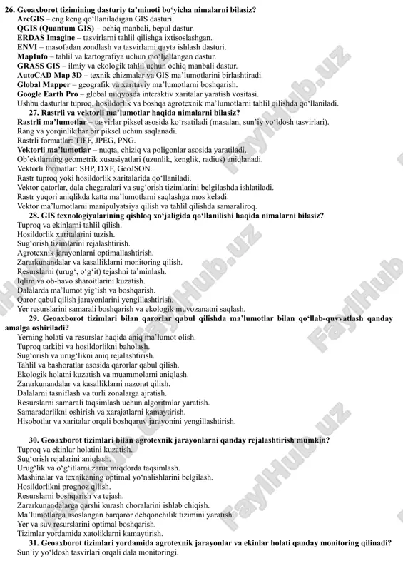 ash imkonini beradi. har qanday ob-havo sharoitida ishonchli ishlaydi. dala ishlarini kechayu kunduz davom ettirish imkonini yaratadi. traktorlarning zich joylashuvini oldini oladi. xatoliklarni sezilarli kamaytiradi. 16. global joylashishni aniqlash tizimlari qaysi qishloq xo‘jaligi texnikalarida qo‘llanilyapti? traktorlar – yerga ishlov berishda parallel harakatni ta’minlash uchun. kombaynlar – hosilni yig‘ishda aniqlikni oshirish uchun. seyalkalar – urug‘larni aniq va bir xil masofada ekish uchun. sug‘orish mashinalari – suvni to‘g‘ri taqsimlashda. o‘g‘it sepuvchilar – o‘g‘itni to‘g‘ri maydonga yetkazish uchun. dronlar – dala monitoringi va tahlil qilishda. begona o‘tlar kurash texnikalari – maqsadli purkashda. yuk ko‘taruvchi texnika – dalada materiallarni aniq joylashtirish uchun. avtomatik boshqaruv texnikasi – gps asosida boshqariladigan robotlar. hosilni tashish texnikalari – daladagi logistikani optimallashtirish uchun. 17. global joylashishni aniqlash tizimlarini dronlarda ham qo‘llash mumkinmi? ha, dronlar global joylashishni aniqlash tizimlari bilan jihozlanadi. dalalarni real vaqtda kuzatish uchun foydalaniladi. sug‘orish va o‘g‘itlash uchun xaritani tuzishda yordam beradi. zararkunandalar va begona o‘tlar aniqlanadi. …