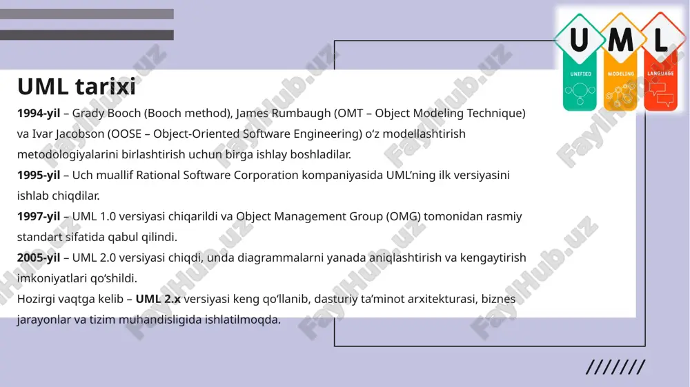etodlar: move(). bola sinfi: avtomobil xususiyatlar: brand, model. metodlar: honk(). sinf diagrammasini chizish sinf diagrammasi — dasturiy ta'minot arxitekturasini tushunish va loyihalashda yordam beradigan vizual vosita. u obyektlar va ularning o'zaro aloqalarini ko'rsatadi. sinf diagrammalarini chisizishda asosiy bosqichlari: 1. tizim talablarini tahlil qilish: tizimning funksional talablari va foydalanuvchi ehtiyojlarini aniqlang. 2. sinf va obyektlarni aniqlash: tizimda mavjud bo'lgan asosiy sinflarni va ularning ob'ektlarini aniqlang. 3. xususiyatlar va metodlarni belgilash: har bir sinf uchun xususiyatlar (attributes) va metodlar (methods) ni aniqlang. 4. o'zaro aloqalarni ko'rsatish: sinflar o'rtasidagi bog'lanishlarni (association, aggregation, composition, inheritance) aniqlang va diagrammada ko'rsating. diagrammani chizish uchun diagramma yaratish vositalaridan foydalaning (masalan, plantuml, lucidchart, draw.io). sinf diagrammasi misoli: buyurtma tizimi sinf diagrammasi misoli: buyurtma tizimi image1.png image2.png image3.jpeg image4.jpeg image5.jpeg image6.jpeg image7.png image8.png image9.png image10.png image11.png image12.png image13.png image14.png image15.png image16.png image17.png image18.png image19.png image20.png image21.png image22.png image23.png image24.png image25.png image26.png image27.png image28.png image29.png image30.png image31.png image32.png image33.png /docprops/thumbnail.jpeg