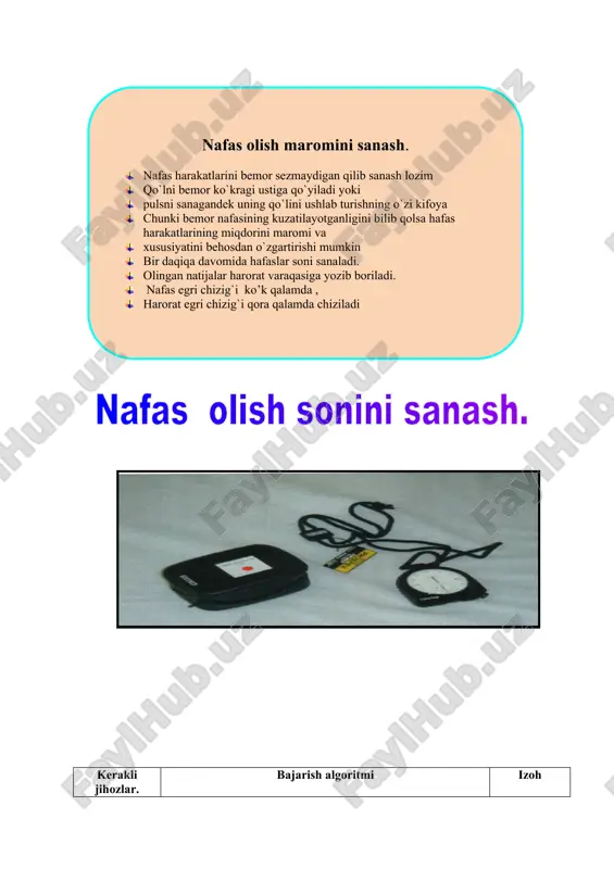 t egri chizig`i qora qalamda chiziladi nafaslar soni 1 daqiqada 16-20 marta, yangi tug`ilgan bolalarda 40-60, 1 yoshda 30-35, 5-6 yoshda 5. № 2 mavzu: nafas olish tizimi kasalliklarida hamshiralik parvarishi reja: 1.bronxit kasalligi 2.o‘tkir pnevmoniya 3.o‘pka sili 4.o‘pka raki 1. bronxit kasalligi: o‘tkir bronxit – bronxlarning o‘tkir yallig‘lanishi bo‘lib, qariyalarda gripp va o‘tkir respirator kasalliklar oqibatida kelib chiqadi.kasallik sababchisi ko‘pincha viruslardir. bemorlarda lanjlik, to‘sh orqasi achishayotgandek, tirnalayotgandek bo‘lib seziladi. tana harorati normada yoki subfebril bo‘ladi. avval yo‘tal quruq bo‘ladi; keyin shilimshiqyiringli balg‘am kela boshlaydi. qariyalarda yallig‘lanish bronxiolalarga ham tarqaladi. bronxiolit qo‘shilgach, bemor ahvoli yomonlashadi, intoksikatsiya kuchayadi, taxikardiya, gipotoniya, hansirash kuzatiladi, yurak yetishmovchiligi qo‘shiladi. o‘pka auskultatsiyasida quruq va nam xirillashlar eshitiladi. bemorni davolashdaalbatta yotoq rejimi tayinlanadi. o‘pka ventilatsiyasini yengillashtirish maqsadida bemor yarim o‘tirgan holda yotgani ma’qul. qariyalarda surunkali bronxit, pnevmoniya kabi asoratlar tez paydo bo‘ladi, shuning uchun antibiotiklar, sulfanilamidlar (ampitsillin, eritromitsin, biseptol, sulfadimetoksin kabilar) tayinlanadi. yo‘talga qarshi libeksin, glauvent, isitmaga …