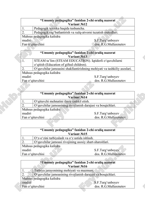 fedra mudiri s.f.turg‘unboyev fan o‘qituvchisi dos. r.g.mullaxmetov “umumiy pedagogika” fanidan 2-chi oraliq nazorat variant №22 1. taʼlim olganlikni tashxis etishning mohiyati va tamoyillari. 2. iqtisodiy tarbiya – oʻquvchilarning ilmiy dunyoqara-shini shakllantirishning tarkibiy qismi sifatida. mahsus pedagogika kafedra mudiri s.f.turg‘unboyev fan o‘qituvchisi dos. r.g.mullaxmetov “umumiy pedagogika” fanidan 2-chi oraliq nazorat variant №23 1. oʻquv jara-yonida nazorat va hisobga olish. 2. oʻquvchilarning ekologik tarbiyasi. mahsus pedagogika kafedra mudiri s.f.turg‘unboyev fan o‘qituvchisi dos. r.g.mullaxmetov “umumiy pedagogika” fanidan 2-chi oraliq nazorat variant №24 1. oʻquv faoliyati natijalarini hisobga olish turlari, shakllari va metodlari. 2. mehnat, jismoniy va estetik tarbiyalar. mahsus pedagogika kafedra mudiri s.f.turg‘unboyev fan o‘qituvchisi dos. r.g.mullaxmetov “umumiy pedagogika” fanidan 2-chi oraliq nazorat variant №25 1. bilim, koʻnikma va malakalarni baholash mezonlari. 2. maʼnaviy-axloqiy tarbiyaning maqsad va vazifalari mahsus pedagogika kafedra mudiri s.f.turg‘unboyev fan o‘qituvchisi dos. r.g.mullaxmetov