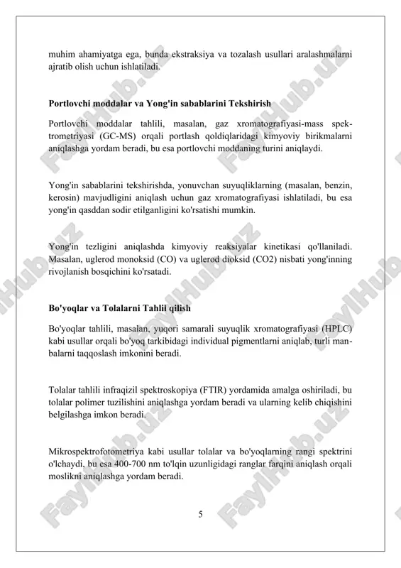 yordamida jinoyat joyini yaxshiroq rekonstruksiya qilish mumkin. farmatsevtika kimyosi rivoji tufayli, narkotik moddalarning yangi turlarini aniqlash usullari takomillashib, 2-3 yil ichida yangi imkoniyatlar yaratadi. xulosa kimyo kriminologiyada muhim rol o'ynaydi, dalillarni tahlil qilish, jinoyatlarni aniqlash va huquqni muhofaza qilish organlariga yordam berish uchun ilmiy asos yaratadi. foydalanilgan adabiyotlar 1. saferstein, r. (2015). jinoyatshunoslik: kirish. pearson education. 2. bell, s. (2012). jinoyat joyi kimyosi. jones bartlett learning. 3. houck, m. m., siegel, j. a. (2015). jinoyat joyining dalillari: fizikaviy dalillar. academic press. 4. fisher, b. a. j ( 0 0 0 ) ( 7 )