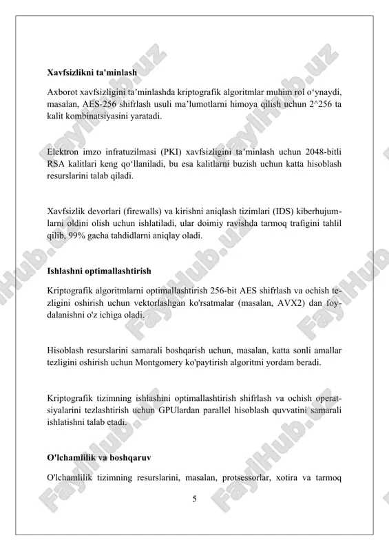 xususiyatlari kiradi. savol-javob savol-javob formati, masalan, '20 savol' usuli, kriptosistemalarda hujum vektorlarini aniqlashda ishlatilishi mumkin, bu esa ularning zaif tomonlarini ochib beradi. kriptografiyada 'savol-javob' jarayonlari protokollarning mustahkamligini tekshirish uchun qo'llaniladi, masalan, identifikatsiya protokolida 3 ta turli xil muammolar qo'yilishi mumkin. 'savol-javob' tizimi shifrlash algoritmlarini baholashda muhim rol o'ynaydi; 128 bitli aes algoritmining qarshiligini tekshirish uchun turli xil savollar tuzilishi mumkin. xulosa kriptografiya va kriptotizimlar uchun klaster yaratish xavfsizlikni oshiradi, resurslarni samarali boshqarishga imkon beradi va tadqiqotlar uchun qulay muhit yaratadi. foydalanilgan adabiyotlar 1. anderson, r. j. xavfsizlik muhandisligi. wiley, 2008. 2. menezes, a. j., van oorschot, p. c., vanstone, s. a. amaliy kriptografiya bo'yicha qo'llanma. crc press, 1996. 3. stallings, w. kriptografiya va tarmoq xavfsizligi: tamoyillar va amaliyot. pearson education, 2017 ( 0 0 0 ) ( 7 )