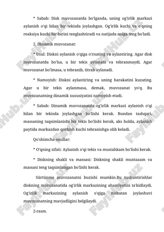xil masofada qo'ying. 3. richak muvozanatda bo'ladi, ya'ni gorizontal holatda qoladi. bu shuni ko'rsatadiki, ikkala og'irlikning momenti teng. * tushuntirish: muvozanat sharti quyidagicha ifodalanadi: f1 * d1 = f2 * d2, bu yerda: * f1 - birinchi og'irlikning kuchi (og'irligi), * d1 - birinchi og'irlikning tayanish nuqtasigacha bo'lgan masofa, * f2 - ikkinchi og'irlikning kuchi (og'irligi), * d2 - ikkinchi og'irlikning tayanish nuqtasigacha bo'lgan masofa. agar f1 = f2 va d1 = d2 bo'lsa, richak muvozanatda bo'ladi. 2. turli og'irlikdagi yuklar bilan: * materiallar: yuqoridagi materiallar bilan birga, turli og'irlikdagi ikkita yuk (masalan, bir xil idishga suv miqdorini o'zgartirib yoki turli og'irlikdagi narsalarni qo'llab). * jarayon: 1. birinchi og'irlikni richakning bir uchini joylashtiring. 2. ikkinchi, engilroq og'irlikni richakning qarama-qarshi uchi joylashtiring. 3. engilroq og'irlikni tayanish nuqtasiga yaqinlashtirib yoki uzoqlashtirib, richakni muvozanat holatiga keltiring. 4. muvozanat holatiga erishilganda, f1 * d1 = f2 * d2 tenglamasi bajarilishini tekshiring. * tushuntirish: bu …