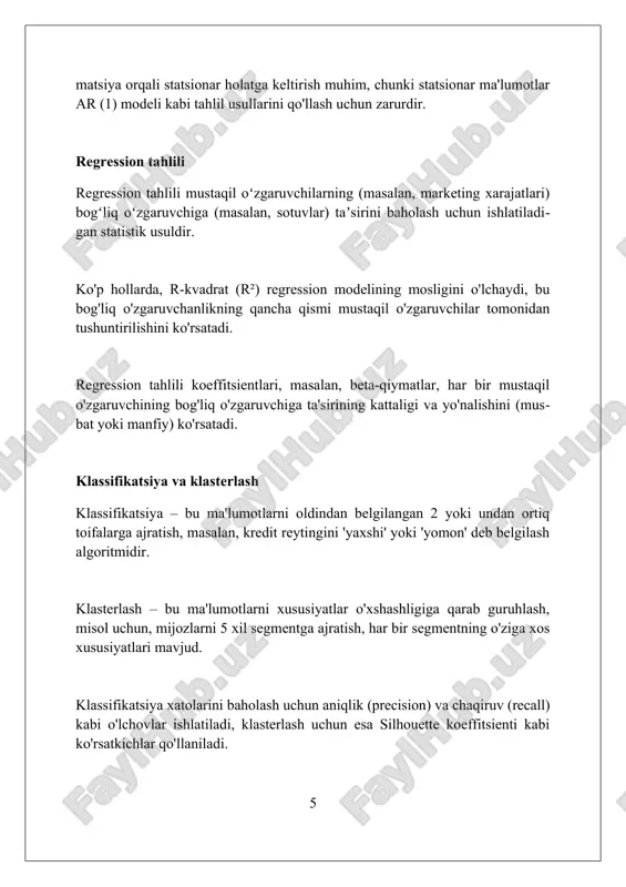 ellari portfelni optimallashtirishda 15% gacha foyda keltirishi mumkin. kelajakdagi yo'nalishlar sun'iy intellekt va mashinaviy o'qitishni integratsiya qilish orqali katta hajmdagi ma'lumotlardan aniqroq va tezroq tahlil o'tkazishga qaratilgan bo'ladi. keyingi bosqichda blokcheyn texnologiyasidan foydalanish moliyaviy ma'lumotlarning shaffofligini oshirib, firibgarlik xavfini kamaytirishga 10% gacha yordam berishi kutilmoqda. xulosa moliyaviy ma'lumotlarni tahlil qilish investitsiya qarorlarini yaxshilaydi, xatarlarni boshqarishga yordam beradi va kompaniyaning moliyaviy holatini baholash imkonini beradi. foydalanilgan adabiyotlar 1. ruey s. tsay. analysis of financial time series. 3rd edition. john wiley sons, 2010. 2. campbell, j. y., lo, a. w., mackinlay, a. c. the econometrics of financial markets. princeton university press, 1997. 3. hull, john c ( 0 0 0 ) ( 7 )