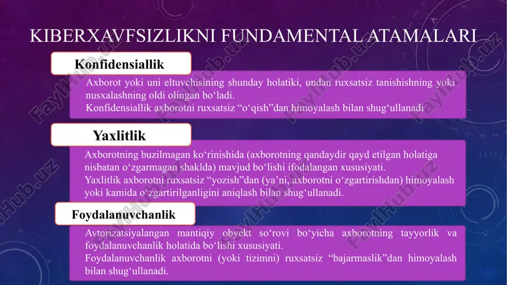 ari 1. axborot xavfsizligining hayotiy timsollari va ularning vazifalari. 2. kiberxavfsizlik tushunchasiga izoh bering. 3. kiberxavfsizlik fan sifatida qanday tuzilishga ega? 4. kiberxavfsizlikning asosiy tushunchalari. 5. axborotning konfídensialligini ta’minlash deganda nimani tushunasiz? 6. axborotni yaxlitligini ta’minlash deganda nimani tushunasiz? 7. axborot uchun foydalanuvchanlikning muhimligi. 8. risk va uning kiberxavfsizlikdagi o‘rni. 9. hujumchi kabi fíkrlash nima uchun zarur? 10.tizimli fíkrlash nima va u nima uchun zarur? image2.png image3.png image4.png image5.png image6.png image7.png image8.png image9.png image10.png image11.png image12.png image13.png image14.png image15.png /docprops/thumbnail.jpeg