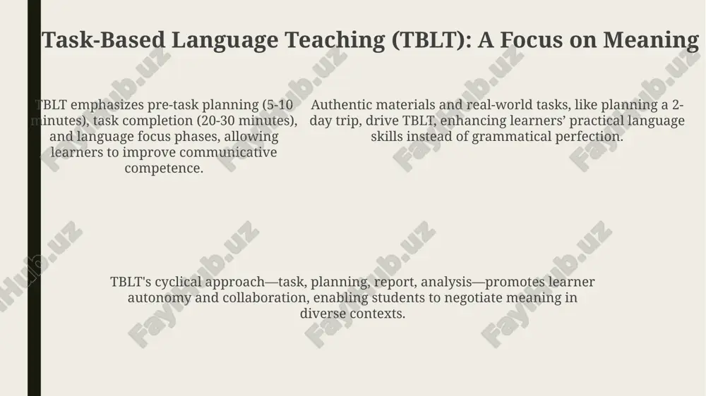 ontent and language, offering an approximately 80% richer context for learning, but requires teachers with dual expertise in both subject matter and language proficiency. comparing and contrasting clt, tblt, clil, and integrated lessons clt prioritizes communicative competence through interaction, while tblt uses tasks as the primary vehicle for language learning, focusing on real-world communication in authentic scenarios. clil uniquely integrates content and language learning, using the target language to teach subjects like science or history, differing from clt and tblt's language-focused approach. clil uniquely integrates content and language learning, using the target language to teach subjects like science or history, differing from clt and tblt's language-focused approach. practical applications and classroom implementation tbll projects, such as creating a 5-slide presentation about local environmental issues, integrate language skills. teachers should provide structured task cycles and feedback stages. clt activities like role-play simulations offer learners practical communication scenarios. implement these by providing …