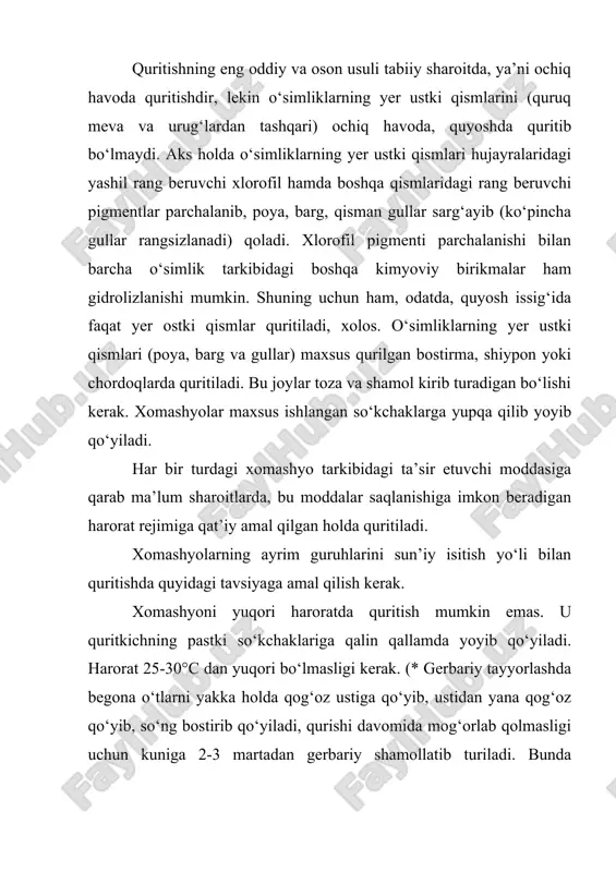 to‘g‘rilab qo‘yiladi. har qanday qilganda ham begona o‘tbarglari, gullari bir-birining ustiga tushadi. lekin yopishib qolmasligi uchun ularning orasiga bosma qog‘oz qo‘yiladi. bo‘yi uzun begona o’tlar quritishdan oldin bukiladi yoki qirqiladi va yonma-yon qo‘yiladi. yo‘g‘on poya va ildizlar yaxshi qurishi uchun uzunasiga qirqiladi. piyozchalar, tugunaklar va sersuv mevalardan quritish uchun ko‘ndalangiga va uzunasiga kesilgan parraklar olinadi. o‘simliklarni iskanjaga joylaganda ularning uchi qog‘ozning chetlariga yetmay turadigan bo‘lishi kerak. agar begona o‘t juda seret bo‘lsa, uni 2-3 kun soya joyda saqlab, so‘ng qog‘oz orasiga qo‘yib quritiladi. iskanjada faqat gulli o‘simliklar emas, balki suvo‘tlar, zamburug‘lar, moxlar va boshqalar ham quritiladi. suvo‘tlar bir varaq qog‘ozga qo‘yilib, suv ichida rostlab to‘g‘rilanadi, chunki suvdan chiqarib olinganda yopishib, shaklini o‘zgartirib yuborishi mumkin. bu o‘simliklar suv solingan tog‘oracha yoki tarelkaga solinib, tagiga bir varaq qog‘oz qo‘yiladi va o‘simliklar shu qog‘oz ustida to‘g‘rilanadi, so‘ngra qog‘oz ikki chetidan ushlanib, ohista suvdan chiqarib olinadi. bunda suv qog‘ozdan bir tekis oqib tushadi. qog‘oz …