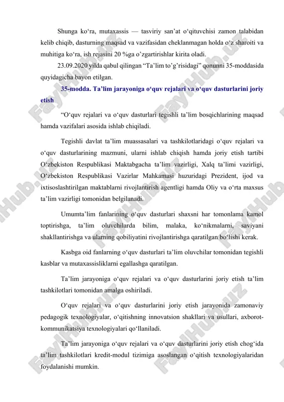 quv dasturlari shaxsni har tomonlama kamol toptirishga, ta’lim oluvchilarda bilim, malaka, ko‘nikmalarni, saviyani shakllantirishga va ularning qobiliyatini rivojlantirishga qaratilgan bo‘lishi kerak. kasbga oid fanlarning o‘quv dasturlari ta’lim oluvchilar tomonidan tegishli kasblar va mutaxassisliklarni egallashga qaratilgan. ta’lim jarayoniga o‘quv rejalari va o‘quv dasturlarini joriy etish ta’lim tashkilotlari tomonidan amalga oshiriladi. o‘quv rejalari va o‘quv dasturlarini joriy etish jarayonida zamonaviy pedagogik texnologiyalar, o‘qitishning innovatsion shakllari va usullari, axborot-kommunikatsiya texnologiyalari qo‘llaniladi. ta’lim jarayoniga o‘quv rejalari va o‘quv dasturlarini joriy etish chog‘ida ta’lim tashkilotlari kredit-modul tizimiga asoslangan o‘qitish texnologiyalaridan foydalanishi mumkin. o‘quv rejasida, qoida tariqasida, ta’lim jarayonining jadvali, o‘qitishning boshlanishi, muddati va davriyligi, o‘quv yillari, choraklar, semestrlar, amaliyot, ta’tillar hamda attestatsiya, ajratilgan haftalar soni, o‘rganiladigan fanlar (modullar) va ularga ajratilgan soatlar (kreditlar) hamda boshqa zarur parametrlar aks ettiriladi. professional va oliy ta’lim, kadrlarni qayta tayyorlash va ularning malakasini oshirishga doir o‘quv rejalarda ta’lim oluvchilar uchun amaliyot o‘tash nazarda tutiladi. ta’lim oluvchilarning amaliyotni o‘tash tartibi …