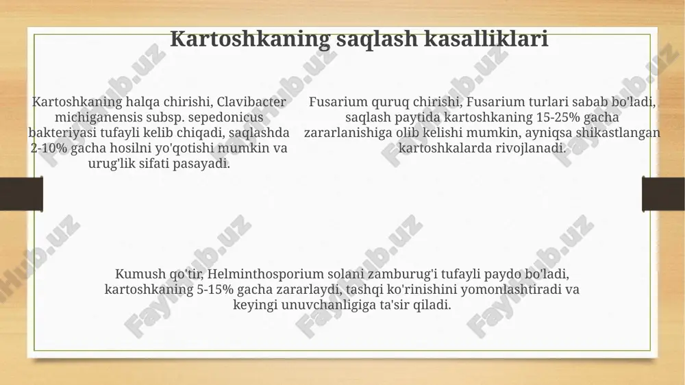 tiruvchi muhitda ekish amalga oshiriladi. gaz analizatorlari yordamida etilen (c2h4) darajasi o'lchanadi, chunki uning yuqori konsentratsiyasi meva va sabzavotlarda fiziologik buzilishlar va kasalliklarning rivojlanishini ko'rsatishi mumkin, 0.1 ppm dan yuqori miqdor xavfli hisoblanadi. profilaktika choralari: saqlashga tayyorgarlik omborlarni zararsizlantirish juda muhim, 1-2% formalin eritmasi yoki oltingugurt dioksidi (so2) bilan fumigatsiya patogenlarni yo'q qiladi va kasallik tarqalishining oldini oladi. sabzavotlarni yig'ishtirishdan oldin dala kasalliklariga qarshi kurashing. mis sulfat (cuso4) eritmasi bilan purkash kasallik qo'zg'atuvchilarining omborga kirishini kamaytiradi. sabzavotlarni yig'ishtirishdan oldin dala kasalliklariga qarshi kurashing. mis sulfat (cuso4) eritmasi bilan purkash kasallik qo'zg'atuvchilarining omborga kirishini kamaytiradi. saqlash sharoitlarini optimallashtirish namlik darajasini 85-95% da ushlab turish sabzavotlardagi suv yo'qotilishini kamaytiradi, shuningdek, patogenlarning o'sishini inhibe qiladi, shu bilan sifati 15-25% yaxshilanadi. haroratni barqaror saqlash - meva va sabzavotlarning nafas olish darajasini pasaytiradi, bu esa metabolik jarayonlarni sekinlashtiradi va saqlash muddatini 10-20% ga uzaytiradi. optimal diapazon: 0-10°c. havoning aylanishini nazorat qilish etilen gazining to'planishini kamaytiradi …