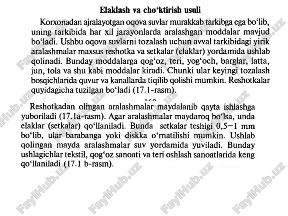 asoslanadi. qaytaruvchilar sifatida aktivlangan ko'mir, temir sulfat, natriy biosulfat, vodorod oltingugurt 2 oksidi, organik modda chiqindilari ishlatiladi. amaliyotda natriy gidrosulfit (biosulfit) eritmalari qo'llaniladi. reaktsiya rn=3-4 va ortiqcha sulfat kislotasi bor bo'lganda ajralishida tez boradi. 3-rasm. xromni qaytarish qurilmasi sxemasi. 1-o'rtalashtirgich; 2-aralashtirgich; 3-neytrallash va tindirish uchun idish. 4h2cro4+6nahso3+3h2so4  2cr2(so4)3 + 3na2so4+10h2o anodli oksidlash va katodli qaytarish usuli elektrolizerning (musbat) elektrodida – anodda ionlar elektron beradi, ya'ni elektrokimyoviy oksidlanish reaktsiyasi boradi; (manfiy) elektrodda – katodda elektronlar biriktiriladi, ya'ni qaytarilish reaktsiyasi boradi. bu jarayon oqova suvlarni erigan qo'shimchalardan (rodanidlar, aminlar, spirtlar, aldegidlar, nitrobirikmalar, sulfidlar, merkoptanlar va xk.) tozalash uchun ishlab chiqilgan. oqova suvdagi moddalar elektrokimyoviy oksidlanish jarayonida to'la cho'kib, so2, nh3 va n2o xos bo'ladi yoki boshqa usullar bilan ajratib olish mumkin bo'lgan oddiyroq va zaharli bo'lmagan moddalar xos bo'ladi. anod sifatida turli erimaydigan elektrolitik materiallar ishlatiladi; grafit, magnetit, qo'rg'oshin dioksidi, marganets va ruteniy. ular titanli asosga surtiladi. katodlar molibdendan, volframning fe …