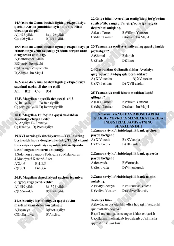at olish vositasi d)o’z a`zolarining manfaatini himoya qilish uchun tuzilgan savdogarlar va hunarmandlar uyushmasi 5.manufaktura bu… a)foydadan o’z ulushini olish huquqini beruvchi qimmatbaho qog’oz b)qo’l mehnatiga asoslangan ishlab chiqarish c)yollanma mehnatdab foydalanib qo’shimcha qiymat olish vositasi d)o’z a`zolarining manfaatini himoya qilish uchun tuzilgan savdogarlar va hunarmandlar uyushmasi 6.qachondan yevropada savdo chorrahalri shimoliy dengiz qirg’oqlariga ko’chdi? a) xiv asrda ikkinchi yarmidan b) xv asrda birinchi yarmidan c) xvi asrda ikkinchi yarmidan d) xvii asrda birinchi yarmidan 7.yevropada savdo chorrahalari shimoliy dengiz qirg’oqlariga ko’chgach dastlab bu yerda asosiy savdo markaziga aylangan shahani toping. a) antverpen b) london c) genuya d) parij 8.yangi davrda g’arbiy yevropada eng katta markazlashgan davlat. a)angliya b)niderlandiya c)fransiya d)ispaniya 9.yevropaliklar tomonidan hindiston va amerikaga dengiz yo’li ochilgach rivojlangan potugaliya (a) va ispaniyaning (b) sharini aniqlang. a)a-lissabon, b-sevilya b)a-sevilya, b-lissabon c)a-valensiya, b-porto d)a-porto, b-valensiya 10.kapital bu… a)foydadan o’z ulushini olish huquqini beruvchi qimmatbaho qog’oz b)qo’l mehnatiga asoslangan ishlab chiqarish …
