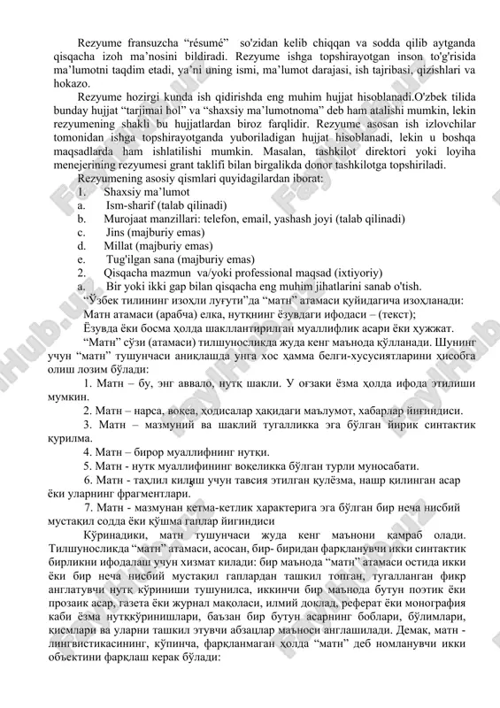 iy holati va his-tuyg‘ularini ifodalashda ko‘proq foydalaniladi. matn tahlili va tahriri badiiy tahlil - matn tahlilining murakkab turlaridan bo‘lib, unda xilma-xil vazifalar bajariladi. chunki bu tahlildan kuzatiladigan maqsad asarning xususiyatlarini o‘rganishdir. badiiy matnda kishilarning munosabatlar doirasida bir-biri bilan bog‘langan kishilar hayotining ma’lum davridagi voqealari tasvirlanadi. bu voqealarda davrning siyosiy ijtimoiy, madaniy va ahloqiy hayoti o‘z aksini topadi. matnning adabiy tahlilida quyidagi maslalarga alohida e’tibor berilishi lozim: 1.badiiy matn tahlilida tasvirlangan voqelik va shu voqelikka yozuvchining munosabati aniqlanadi. masalan: alisher navoiyning "farhod va shirin" dostonida olijanob fazilatlarini ulug‘lash, adolat va xalqparvarlik, do‘stlik va qahramonlik, muhabbat erkinligi va unga sadoqati asarni g‘oyaviy mazmunini tashkil qiladi. asarda xisrav, yosumon kabi yovuz kuchlar bilan farhod, shirin, mehnbonular o‘rtasidagi kurash ko‘rsatiladi. shoir farhod, mehnbonu, shirinlarning barcha harakatlariga xayrixohlik bildiradi. shohni adolatli bo‘lishiga undash g‘oyasini ilgari suradi. 2. tahlilda asarning mazmuniga ham shakliga ham e’tibor berish va mazmunning yetakchi rolini ta’kidlab o‘tish zarur. 3. asar tahlilida …
