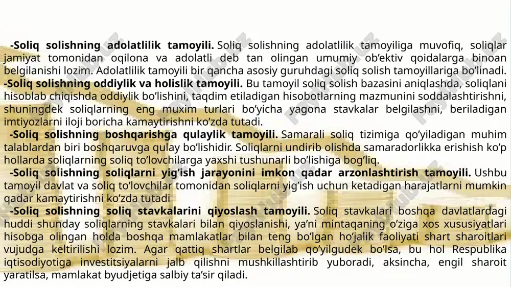 ud: 1) qo’shilgan qiymat solig’i; 2) aktsiz solig’i; 3) foyda solig’i; 4)jismoniy shaxslardan olinadigan daromad solig’i; 5)er qa’ridan foydalanganlik uchun soliq; 6)suv resurslaridan foydalanganlik uchun soliq; 7) mol-mulk solig’i; 8) er solig’i; 9) ijtimoiy soliq. o’zbekiston respublikasi hududida yig’imlar belgilanishi mumkin. shuningdek, yig’imlarni joriy etish, hisoblab chiqarish va to’lash tartibi oliq kodeksida hamda boshqa qonun hujjatlarida belgilanadi. avtotransport yig’imini hisoblab chiqarish va to’lash tartibi soliq kodeksi bilan tartibga solinsa, davlat bojini hisoblab chiqarish va undirish tartibi davlat boji to’g’risidagi qonun hujjatlarida belgilanadi. soliq to’lovchilarning ayrim toifalari uchun o’zbekiston respublikasi hududida quyidagi maxsus soliq rejimlari belgilangan: 1) aylanmadan olinadigan soliq; 2) mahsulot taqsimotiga oid bitimlar ishtirokchilariga soliq solishning alohida tartibi; 3) maxsus iqtisodiy zonalar ishtirokchilariga va ayrim toifadagi soliq to’lovchilarga soliq solishning alohida tartibi. soliqlar va maxsus soliq rejimlari. e’tiboringiz uchun rahmat 05.03.2025 dobavit nijniy kolontitul 7 image2.jpg image16.jpg image9.jpg image17.png image4.jpg image5.jpg image18.png image12.png image13.png image14.png image15.png