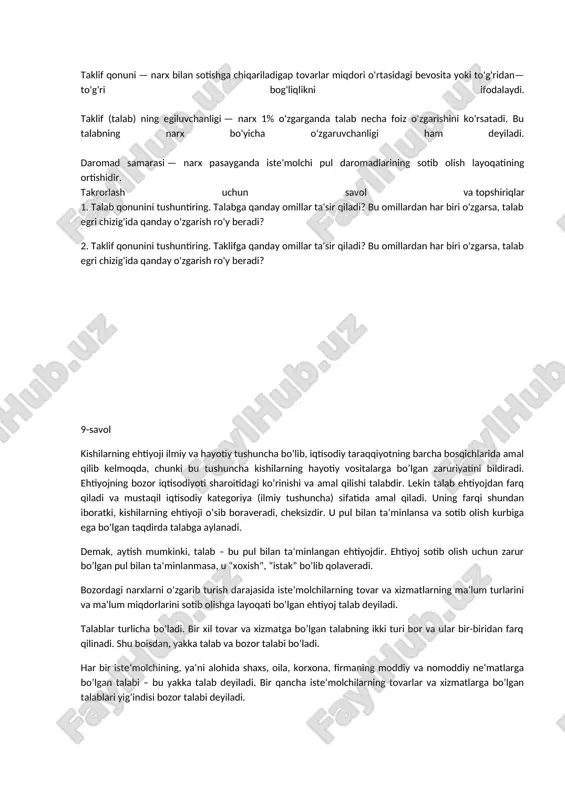 a'zan talab miqdori taklif miqdoridan oshib ketib, narx ko'tarilsa, ayrim paytda taklif miqdori talab miqdoridan oshib ketib, baho pasayib qoladi. talab miqdori bilan taklif miqdori o'rtasidagi nisbat bir-biriga teng bo'lgan holat bozor muvozanati deyiladi. bozor muvozanatida vujudga kelgan holda shakllangan baho bozor bahosi deyiladi. ba'zan uni muvozanatlashgan narx ham deb yuritiladi. bozor muvozanati va muvozanatli narx har doim mavjud bo'lib turmaydi, ularga ta'sir qiluvchi ko'plab omillar muvozanatlikning buzilishiga sabab bo'ladi. ammo iqtisodiyotda ushbu muvozanatga doimo intilish mavjud bo'ladi. asosiy tayanch tushunchalar talab — iste'molchi ma'lum vaqtda narxlarning har bir darajasida sotib olishga qodir bo'lgan tovarlar va xizmatlar miqdoridir. talab egri chizig'i - grafikda narx va talabning hajmi o'rtasidagi teskari bog'liqlikni ko'rsatadi. talab qonuni — tovarlar narxi bilan uning sotib olinadigan miqdori o'rtasidagi teskari yoki qarama —qarshi bog'liqlikni ifodalaydi. taklif — ishlab chiqaruvchi ma'lum vaqtda ishlab chiqarishga qodir bo'lgan narxning har bir darajasida bozorga sotishga chiqaradigan tovarlar miqdoridir. taklif egri chizig'i …