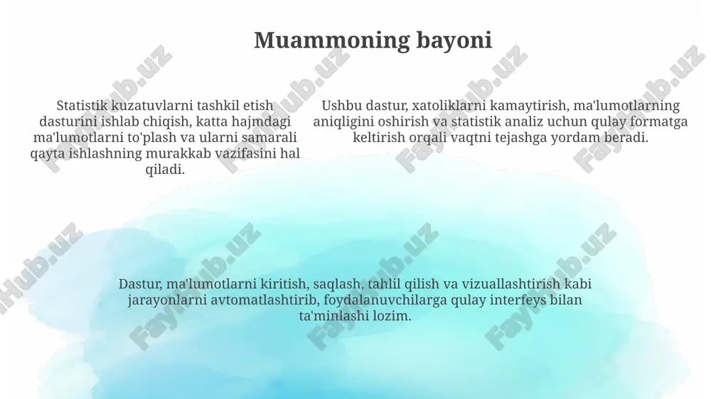 quality level) 2.5 bo'lgan namunaviy tekshiruvlar qo'llanilishi mumkin. sifat nazoratida 6 sigma metodologiyasi keng tarqalgan bo'lib, bu mahsulot yoki xizmat sifatining 99.99966% aniqligini ta'minlashga qaratilgan kompleks yondashuv hisoblanadi. sifat nazoratida 6 sigma metodologiyasi keng tarqalgan bo'lib, bu mahsulot yoki xizmat sifatining 99.99966% aniqligini ta'minlashga qaratilgan kompleks yondashuv hisoblanadi. natijalarni vizualizatsiya qilish grafiklar va diagrammalar, 1000 dan ortiq nuqtalarni o'z ichiga olgan katta ma'lumotlar to'plamini vizualizatsiya qilishda samarali, tendentsiyalarni tezda aniqlash imkonini beradi. natijalarni vizualizatsiya qilish, masalan, gistogrammalar orqali, ma'lumotlar taqsimotini ko'rsatib, 75% dan ortiq auditoriyaga tushunarli bo'lishiga yordam beradi. interaktiv vizualizatsiya vositalari, power bi kabi, foydalanuvchilarga ma'lumotlar bilan 5 xil usulda o'zaro aloqa qilish, savollarga javob topish va chuqurroq tahlil qilishga imkon beradi. xulosalar "xulosalar" tavsiyalarni o'z ichiga olishi mumkin, masalan, agar korrelyatsiya koeffitsienti 0.7 dan yuqori bo'lsa, marketing strategiyasini o'zgartirish zarurligi haqida maslahat beriladi. "xulosalar" statistik tahlilning yakuniy natijasidir, unda olingan ma'lumotlar asosida umumiy tendensiyalar va bog'liqliklar aniqlanadi. bu …