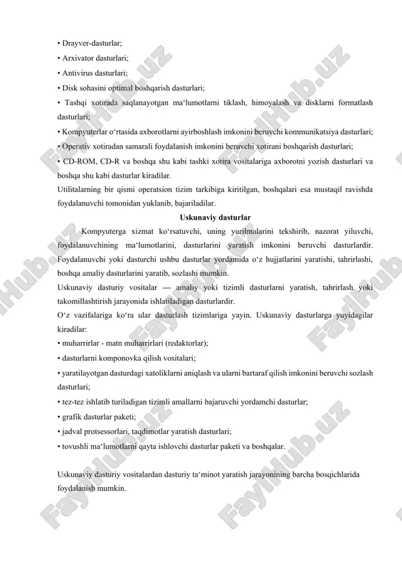 i xizmatchi dasturlar - utilitalar (lotincha utilitas — foyda) kiradilar. ular operatsion tizim imkoniyatlarini kengaytiradilar yoki to‘ldiradilar yoki ayrim muhim vazifalami mustaqil bajaradilar. bunday xizmatchi dasturlarga: • kompyuter qurilmalari ishini nazorat, testlash, diagnostika qilish dasturlari; • drayver-dasturlar; • arxivator dasturlari; • antivirus dasturlari; • disk sohasini optimal boshqarish dasturlari; • tashqi xotirada saqlanayotgan ma‘lumotlarni tiklash, himoyalash va disklarni formatlash dasturlari; • kompyuterlar o‘rtasida axborotlarni ayirboshlash imkonini beruvchi kommunikatsiya dasturlari; • operativ xotiradan samarali foydalanish imkonini beruvchi xotirani boshqarish dasturlari; • cd-rom, cd-r va boshqa shu kabi tashki xotira vositalariga axborotni yozish dasturlari va boshqa shu kabi dasturlar kiradilar. utilitalarning bir qismi operatsion tizim tarkibiga kiritilgan, boshqalari esa mustaqil ravishda foydalanuvchi tomonidan yuklanib, bajariladilar. uskunaviy dasturlar kompyuterga xizmat ko‘rsatuvchi, uning yurilmalarini tekshirib, nazorat yiluvchi, foydalanuvchining ma‘lumotlarini, dasturlarini yaratish imkonini beruvchi dasturlardir. foydalanuvchi yoki dasturchi ushbu dasturlar yordamida o‘z hujjatlarini yaratishi, tahrirlashi, boshqa amaliy dasturlarini yaratib, sozlashi mumkin. uskunaviy dasturiy vositalar — …
