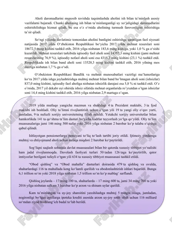 birlarni yanada kengroq amalga oshirish; xotin-qizlarning ijtimoiy-siyosiy faolligini oshirish, ularni davlat va jamiyat boshqaruvidagi o’rnini kuchaytirish, xotin-qizlar, kasb-hunar kolleji bitiruvchi qizlarining bandligini ta’minlash, ularni tadbirkorlik faoliyatiga keng jalb etish, oila asoslarini yanada mustahkamlash; pensionerlar, nogiron, yolg’iz keksalar, aholining boshqa ehtiyojmand toifalarining to’laqonli hayot kechirishlarini ta’minlash uchun ularga tibbiy-ijtimoiy yordam ko’rsatish tizimini yanada rivojlantirish va takomillashtirish; farmasevtika sanoatini yanada rivojlantirish, aholi va tibbiyot muassasalarining arzon, sifatli dori vositalari va tibbiyot buyumlari bilan ta’minlanishini yaxshilash, dori-darmonlar narxlarining asossiz o’sishiga yo’l qo’ymaslik bo’yicha chora-tadbirlarni amalga oshirish; aholi o’rtasida kasallanish ko’rsatkichlari pasayishini va umr uzayishini ta’minlash. bmt ning ma’lumotiga ko‘ra, dunyodagi eng boy 3 odamning boyligi afrika, osiyo, lotin amerikasi qit’asidagi 48 ta kam rivojlangan mamlakatlarning yillik yalpi ichki mahsulotidan ortiq. sayyoramizning 225 eng boy odamlarining umumiy daromadi 1 trln dollardan ortiq. shunday bir vaqtda rivojlanayotgan mamlakatlarda yashayotgan 4,4 mlrd. aholining 3/5 qismi kanalizatsiyadan foydalanmay, 1/3 qismi toza ichimlik suvidan iste’mol qilishdan, 1/3 qismi …