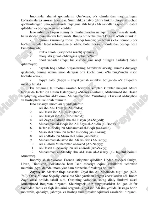shga buyurishlari. sufriya. sufriya xavorijlarning bir guruhi bo‘lib, bu nomning kelib chiqishi haqida ixtilof mavjud. kimdir ko‘p sajda va zohidlikdan yuzlarining sarg‘ayganligi sababli ular o‘zlarini sufriy (sarg‘aygan) deb atagan desalar, boshqalar ibodiylar va azariqalar kabi biror kishining nomiga nisbatan shunday atalganlar deydilar. agar kishi nomidan olingan bo‘lsa, bu guruhning namoyandalari bo‘lgan 4 kishi - abdulloh ibn saffor, ziyod ibn al-asfar, an-nu’mon ibn sufr, al-muhallab ibn abi sufradan aynan kimning nomi ekanligi haqida ham ixtilof bor. ulardan eng haqiqatga yaqinrog‘i avval azoriqalar bilan birga bo‘lib, keyinchalik ajralib ketgan sufriylarning yo‘lboshchisi ziyod ibn al-asfardir. ular azraqiylardan farqli o‘laroq, qo‘zg‘olonlarda qatnashmagan o‘z dindoshlarini kofirga chiqarmaganlar. raqiblarning ayol va bolalarini o‘ldirishdan qaytarganlar. ongli ravishda «taqiya»ga - o‘z imonini amalda emas, faqat og‘zaki ravishda yashirishga yo‘l berganlar. bu firqa viii asrda ham o‘z faoliyatini davom ettirganligi haqida ma’lumotlar bor. 2. shialik yo‘nalishi. islomdagi uch yirik yo‘nalishdan biri bo‘lib, xalifalik xususidagi ixtilof natijasida vujudga kelgan. shia …
