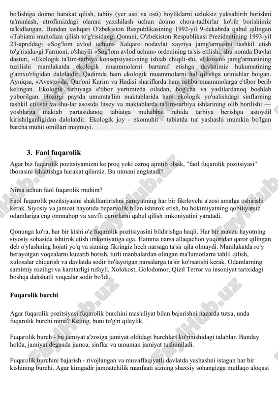 arbiyalashga qaratilgan faoliyat», «fuqarolik axloqi asoslarini tarbiyalash». aslida bu tizim millatni tarbiyalash tizimi vazifasini o‘taydi. undan qudratli mafkuraviy ta’sir vositasi sifatida ham foydalaniladi. ko‘pchilik olimlarning fikricha, aynan «axloqiy tarbiya» tizimi mamlakat iqtisodiy ravnaqining g‘oyaviy asosini tashkil qiladi. chunki bu tizim ishlab chiqarishda ma’naviy salohiyatdan unumli foydalanishga yo‘naltirilgan. ikkinchi jahon urushidan xaroba bo‘lib chiqqan mamlakatning 3040 yilda ishlab chiqarish hajmi bo‘yicha dunyoda ikkinchi o‘ringa chiqib olgani ko‘pchilikning xayratini uyg‘otadi. "kichik bir orolning bunday qisqa vaqtda hunarmandchilik ustaxonalaridan avtomatlashgan sanoatgacha bo‘lgan yo‘lni bosib o‘tganligini qanday tushuntirish mumkin?". mazkur savolga javoban yaponlar quyidagicha javob beradilar: "salohiyat insonlarda yashirin". yaponiya menejmentining oltin qoidasiga ko‘ra, insondan qimmatroq boylik yo‘q. xo‘sh, davlat yapon kishisida qanday qadriyat va sifatlarni qaror toptirishga harakat qiladi? aslida mehnatsevarlik, intizomlilik va jamoaviylik yapon milliy xarakteriga xos xususiyatlar sanaladi. biroq davlat bu bilan qanoatlanmay, o‘z fuqarolarida ushbu sifatlarni mustahkamlash va kuchaytirish vazifasini maorifga yuklaydi. natijada, maktablarda guruhiy birdamlikni tarbiyalashga alohida e’tibor qaratiladi. …