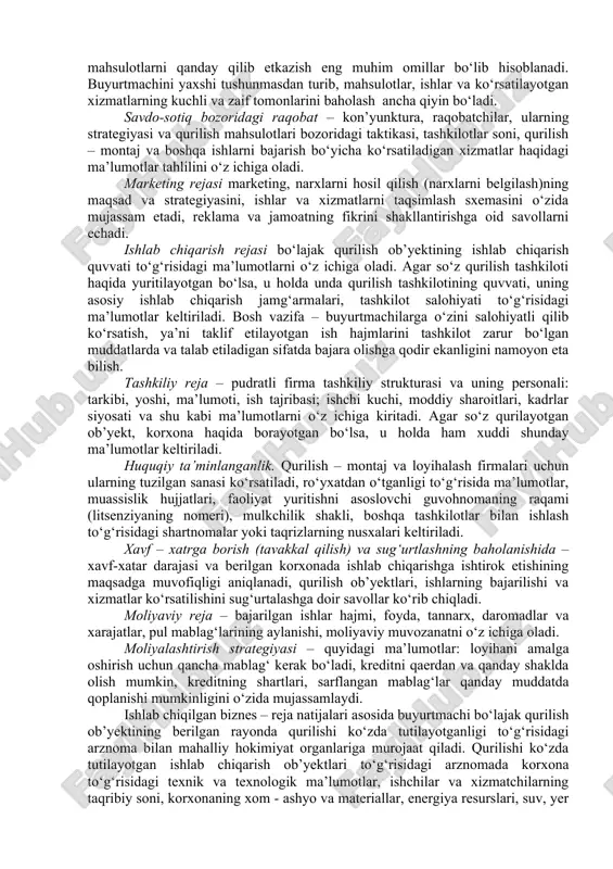 a komplekslari bo‘yicha loyiha -ilmiy izlanish ishlari odatda ettita xarakterli bosqichlarda olib boriladi: · muammoli izlanishlar yoki mavjud bo‘lgan muammolar yechimini topish bo‘yicha olib boriladigan izlanishlar; · biznes – reja ishlab chiqish; · investitsiyalarni texnik - iqtisodiy asoslash; · qurilish uchun qurilish maydonini tanlash va tasdiqlash; · loyihalash uchun topshiriqni ishlab chiqish va uni loyihalashga taqdim etish; · injenerlik qidiruv va izlanishlarni olib borish; · loyihalashtirish. loyihalash-ilmiy izlanishlarni bajarishga buyurtmachi albatta, qoidaga ko‘ra, ixtisoslashgan loyihalash-ilmiy tekshirish firmalarini jalb qiladi. ixtisoslashgan loyihalash-ilmiy tekshirish firmalarini tanlash savdolashish e’lonini tarqatish orqali amalga oshiriladi. muammoli izlanishlar – faqat yirik va murakkab ob’yektlarni loyihalashda olib boriladi va ular biznes – rejani ishlab chiqish hamda investitsiyalarni texnik – iqtisodiy asoslash uchun zarur bo‘lan boshlang‘ich ma’lumotlarni olishga yo‘naltiriladi. biznes–reja – qurilish ob’yektining iqtisodiy jihatdan maqsadga muvofiqligini asoslab beradigan hujjat, shuningdek, bu hujjat tadbirkorlik faoliyati sferasida ishtirok etishning maqsadga muvofiq ekanligini baholashda ham ishlab chiqiladi. shular bilan bir …