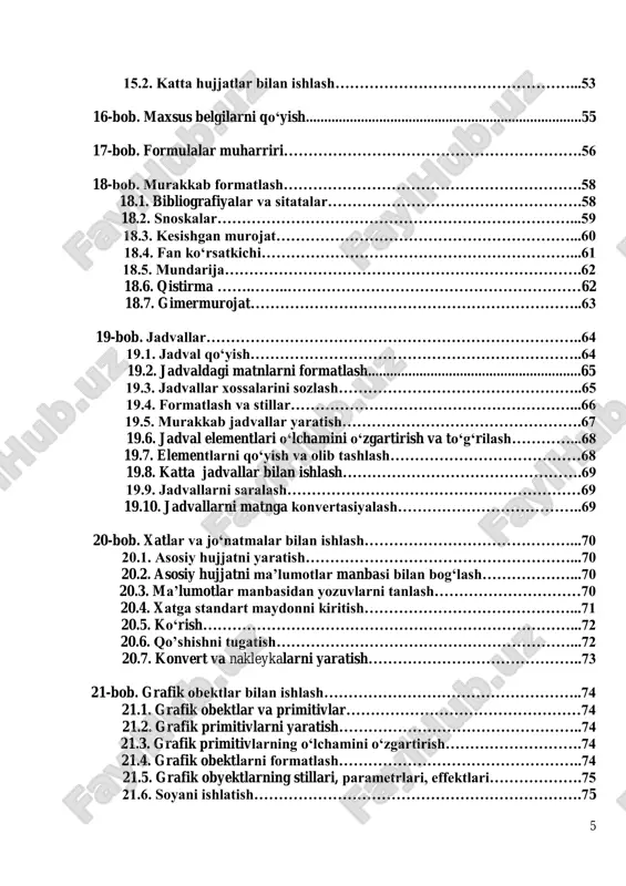 a primitivlar…………………………………………74 21.2. grafik primitivlarni yaratish…………………………………………..74 21.3. grafik primitivlarning o„lchamini o„zgartirish……………………….74 21.4. grafik obektlarni formatlash…………………………………………..74 21.5. grafik obyektlarning stillari, parametrlari, effektlari……………….75 21.6. soyani ishlatish………………………………………………………….75 6 21.7. uch o„lchamli effektlar…………………………………………………75 21.8. grafik primitivlarni joylashishini boshqarish………………………..76 21.9. grafik obyektlarni guruhlash……...…………………………………..76 21.10. yozuvlar bilan ishlash. grafik primetivlarni bog„lash……………..77 21.11. chiziqlar, strelkalar, erkin obyektlar………………………………..77 21.12. smart art obyektlari………………………………………………...77 21.13. smart art obyektlarini qo„yish……………………………………….78 21.14. smart art elementlariga matnni kiritish…………………………….78 21.15. smart art obyektining strukturasini o„zgartirish……………….…78 21.16. smart art obyektlarini tahrir qilish…………………………….……79 21.17. rasmlarni qo„yish………………………………………………….…..81 21.18. qo„yilgan rasmlarni tahrir qilish………………………………….….81 21.19. rasmni o„lchamini sozlash va kompressiya………………………….82 21.20. qo„yilgan tasvirlarni formatlash……………………………………..82 21.21.clip art kolleksiyasi………………………………………………...83 21.22. kliplar qo„yish…………………………………………………………83 21.23. kliplarni tahrir qilish……….…………………………………………83 21.24. kliplarni tashkil etuvchi………………………………………………84 21.25.word art obyektlari……………………………………………………85 21.26. word art obyektlarini qo„yish………………………………………..85 22-bob. bloglar va shablonlar bilan ishlash………………………………………86 22.1. bloglar uchun yozuvlar yaratish……………………………………….86 22.2. shablonlarni ishlatish…………………………………………………...86 22.3. shablon va shakllarni yaratish…………………………………………87 22.4. shablonga boshqarish tugmalarni qo„shish…………………………...87 22.5. shablonga ruxsatni chegaralash……………………………………….88 adabiyotlar …………………………………………………………………………88 7 kirish microsoft …