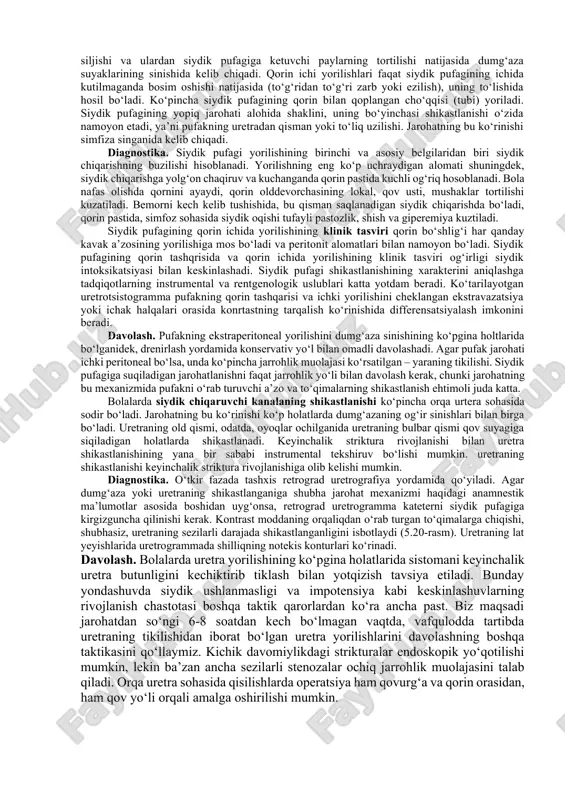 ar jiddiyligi, deserozatsiya, gematomaning kattaligi, peritonit muddati va tarqalganligiga bog‘liq. operatsiya ichak quvuri butunligini tiklash va qorin bo‘shlig‘ining e’tiborli tozalash maqsadini ko‘zlaydi. bemorning statsionarga kech olib kelinishida va ichakning ko‘pgina shikastlanishlarida, enterostoma yotqizish yo‘li bilan jarohatlangan ichak halqalarini vaqtinchalik o‘chirilishiga ko‘rsatmalar aniqlanishi mumkin. buyrak va siydik chiqaruvchi yo‘llarning jarohatlari bolalarda buyrak shikastlanishlari, odatda, ko‘r jarohatda hosil bo‘ladi, yana bolalar buyragi jarohatlanishga ko‘proq moyil, chunki suyak mushak tuzilmalari, ularni o‘rab turuvchilari, kattalardagidek ifodalanmgan, va mos ravishda himoya funksiyasini kam darajada bajaradi. o‘simtalar, holat va qo‘shilish anomaliyalari, tug‘ma obstruksiyalar bolalarda buyrak shikastlanishlarining 20 %ida kuzatiladi. buyrakar jarohat olishda siydik jinsiy tizimning har qanday boshqa a’zolaridan ko‘ra ko‘proq zararlanadi. buyraklar retroperitoneal sohada unchalik mahkam fiksatsiyalanmagan, shuning uchun to‘g‘ri kelgan zarb buyrakni qovurg‘a yoki umurtqaga siqishi va parenxima jarohatini keltirib chiqarishi mumkin. yiqilishlarda ba’zan priloxan bo‘limning yorilishi yoki buyrak oyoqchasining shikastlanishi kelib chiqadi. jarohat olishning eng kam uchraydigan ko‘rinishlaridan biri yuqori voltli elektrojarohatda buyrak …