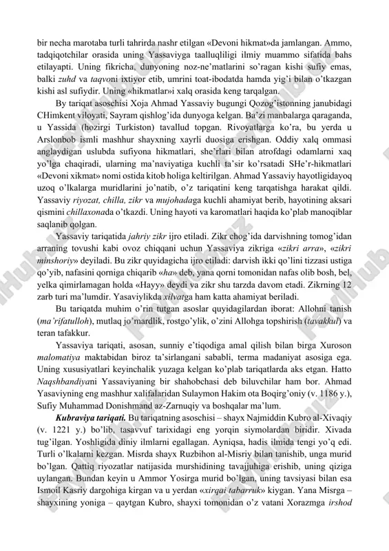 oirasida olib borilayotgan ilmiy izlanishlar xususida koʻplab bahs-munozaralar boʻlib oʻtmoqda. bu munozaralar bir tomondan, tasavvufning toʻliq oʻrganilgani va uni qayta-qayta tadqiq etishning zarur emasligi toʻgʻrisida boʻlsa, ikkinchi tomondan, tasavvufni nafaqat tarixiy nuqtai nazardan oʻrganish kerakligi, balki uning immanent jihatlarini ham oʻrganishning zarurligi toʻgʻrisidadir. tasavvuf taʼlimoti qanchalik murakkab va uzoq vaqt davom etgan boʻlsa, uning mohiyatini oʻrganish, tadqiq etish ham shunchalik fanlararo izlanishlar olib borishni taqozo etadi. prezident sh.m.mirziyoyev taʼkidlaganidek, “buyuk ajdodlarimizning betakror va noyob ilmiy-maʼnaviy merosi biz uchun doimiy harakatdagi hayotiy dasturga aylanishi kerak. bu oʻlmas meros hamisha yonimizda boʻlib, bizga doimo kuch-quvvat va ilhom bagʻishlashi lozim”. darhaqiqat, tasavvufiy meros maʼnaviy qadriyat sifatida, milliy oʻzlikni anglashda, farovon turmush tarzini yaratishda, yoshlarning intellektual salohiyati, ongu tafakkurini, dunyoqarashini yuksaltirishda, vatanparvarlik, insonparvarlik kabi maʼnaviy fazilatlarni shakllantirishda muhim ahamiyat kasb etadi. tasavvuf mavzusining zamonaviy oʻzbek sanʼatida namoyon boʻlishi dolzarb mavzulardan biri boʻldi. tasavvuf yoʻgʻrilgan zamonaviy oʻzbek sanʼati ijodkor tomoshabinni, oʻquvchini ota-bobolarimizning yashash tarzi, xarakteri, …