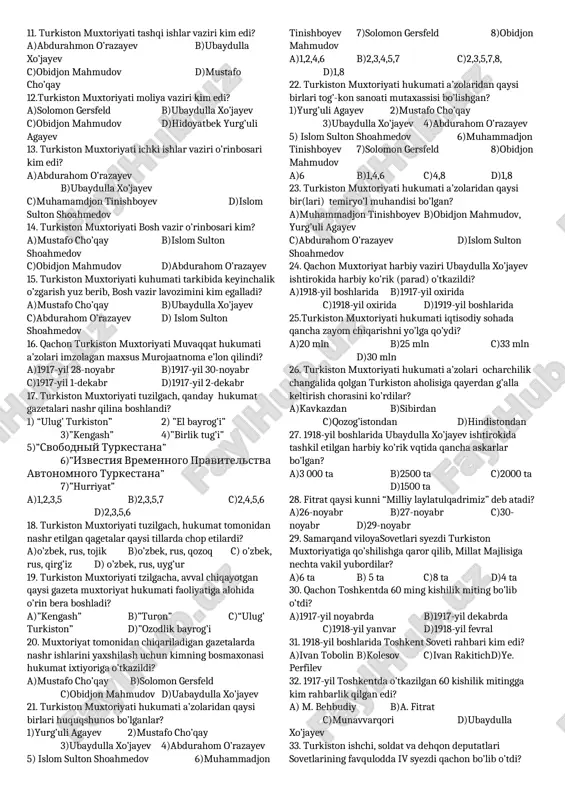 -yil tashkil topgan, konstitutsion-demokratik partiyaning a’zolari nima deb ataladi? a)eserlar b)bolshevik c)kadetlar d)sotsialistlar 38. tarixda ilk marta butunturkiston miqyosida musulmonlar qurultoyi qachon chaqirildi? a)1917-yil 16-23-aprel b)1917-yil sentabr c)1917-yil 17-23-aprel d)1917-yil 26-29-noyabr 39. muvaqqat hukumat tomonidan tuzilgan turkiston komiteti tarkibi nechta kishidan iborat bo’lgan? a)7 ta b)9 ta c)16 ta d)12 ta 40. rossiyada podsho hikimyati ag’darilgach tuzilgan muvaqqat hukumatning komiteti qaysi shahrda joylashgan edi? a)moskva b)stalingrad c)sankt-peterburg d)petrograd 1-mavzu bo’yicha testlar soni –40 ta sizning natijangiz ________ ko’plab to’g’ri javoblaringiz uchun sizga tasanno!!! agar to’g’ri javoblaringiz soni 36 tadan kam chiqqan bo’lsa, mavzuni yana bir bor takrorlab chiqing! 2-mavzu bo’yicha test 1. qachon bolsheviklar moskva va pedrograd sovetlarida ko’pchilikni egalladilar hamda hokimyatni egalash uchun qurolli to’ntarishga tayyorgarlik ko’rdilar? a)1917-yil sentabr oxiri--oktabr boshlarida b) 1917-yil avgust oxiri--sentabr boshlarida c)1917-yil sentabr o’rtalarida d)1917-yil oktabr oxirlarida 2. qachon bolsheviklar qichki saroyga bostirib kirdilar va muvaqqat hukumatning a’zolarini qamoqqa oldilar? a)1917-yil 24-oktabrda 25-oktabrga o’tar …