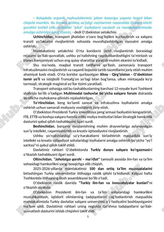shib bormoqda va 2030-yilga borib ikki barobar ko‘payishi kutilmoqda. davlatimiz rahbari o‘z nutqining asosiy qismida amaliy hamkorlikni yanada kengaytirishning aniq masalalariga to‘xtaldi. tashkilotning nufuzi va salohiyatini oshirish, yaqin istiqbolda uning samarali hamkorlik maydoni sifatidagi rolini kuchaytirish ustuvor vazifa ekani ta’kidlandi. - bu borada turkiy davlatlar o‘rtasida strategik sheriklik, abadiy do‘stlik va qardoshlik to‘g‘risidagi bitimni tezroq kelishib, qabul qilish tarafdorimiz. albatta, bu muhim bitim hamkorligimizni rivojlantirish yo‘lida asosiy siyosiy hujjat sifatida qardosh xalqlarimizni yanada yaqinlashtirish, amaliy aloqalarni yangi bosqichga olib chiqishda mustahkam zamin bo‘lib xizmat qiladi, - dedi mamlakatimiz yetakchisi. ko‘p qirrali sheriklikni kengaytirish va jadallashtirish maqsadida turkiy davlatlar tashkilotini 2030-yilgacha rivojlantirish strategiyasi va uni amalga oshirish bo‘yicha alohida "yo‘l xaritasi"ni ishlab chiqish taklif qilindi. ushbu hujjatlarda quyidagi aniq yo‘nalish va chora-tadbirlarni aks ettirish zarurligi qayd etildi. birinchidan, savdo-iqtisodiy aloqalarni rivojlantirish va sanoat kooperatsiyasini chuqurlashtirish. o‘zbekiston prezidenti yaqin istiqbolda tdt doirasida savdo, biznes va o‘zaro investitsiyalar uchun eng qulay sharoitlar, huquqiy …