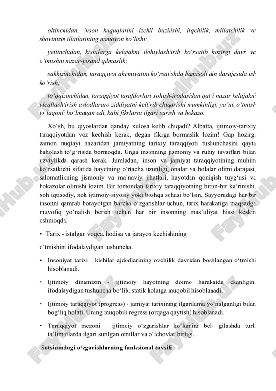 imda), to‘lqinsimon (katta tizimlarda) va hokazo ko‘rinishlari farq etiladi. borliqning o‘zaro mos holatini ifodalaydigan muhim jihat harakatning ilgari- lama yo‘nalganligi - taraqqiyotdir. bu haqdagi tasavvurlar qadimdan ma’lum. lekin nasroniylik dini insonning axloqiy takomillashuvi doirasida taraqqiyot tamoyilini xiyla to‘laroq ravishda kun tartibiga taraqqiyot g‘oyasi: ijobiy va salbiy jihatlari tarixning davriy kechishi qo‘yadi. xviii asrga kelib dunyoviy maqomdagi taraqqiyot nazariyasi maydonga chiqdi. xix asrdayoq, ayniqsa, xx asrda tarixiy taraqqiyotning umid- baxshligi shubhaga olina boshlandi. chunki bir yo‘nalishdagi taraqqiyot ikkinchi yo‘nalishda orqaga ketishni keltirib chiqarib, inson va uning jamiyat rivojlanishiga xavf tug‘dirgan edi. bularga qaramay, kishilik jamiyatining erishgan taraqqiyotidan ko‘z yumib bo‘lmaydi. xususan, uning quyidagi ko‘rsatkichlarini keltirish mumkin: 1. davrdan davrga o‘tgan sari mehnat vositalarini takomillashtirish va mehnatning o‘zini yanada oqilona tashkil etish hisobiga mahsulot ishlab chiqarish sur’ati beqiyos darajada o‘sdi. 2. ishlab chiqarish taraqqiyoti bilan bog‘liq holda ilm-fan rivojlanishiga keng yo‘l ochildi, fan bevosita ishlab chiqaruvchi kuchga aylana boshlandi. 3. ishlab chiqarish …