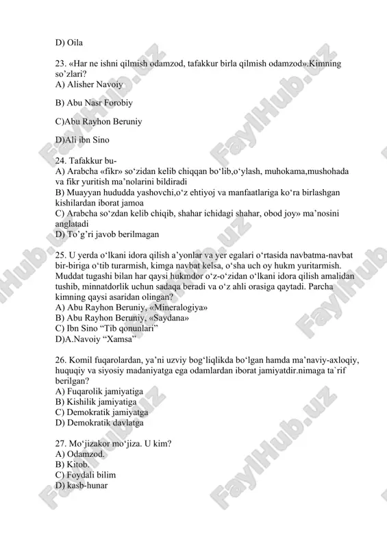liberallashtirish d) ijtimoiy sohani rivojlantirish 35. harakatlar strategiyasida 2 -bosqich nimaga bag’ishlangan? a) qonun ustuvorligini ta’minlash va sud-huquq tizimini b) iqtisodiyotni yanada rivojlantirish va liberallashtirish c)ijtimoiy sohani rivojlantirish d) xavfsizlik, millatlararo totuvlik va diniy bag‘rikenglikni ta’minlash 36. harakatlar strategiyasida 3 -bosqich nimaga bag’ishlangan? a) iqtisodiyotni yanada rivojlantirish va liberallashtirish b) qonun ustuvorligini ta’minlash va sud-huquq tizimini c) ijtimoiy sohani rivojlantirish d) xavfsizlik, millatlararo totuvlik va diniy bag‘rikenglikni ta’minlash 37. . harakatlar strategiyasida 4 -bosqich nimaga bag’ishlangan? a) ijtimoiy sohani rivojlantirish b) qonun ustuvorligini ta’minlash va sud-huquq tizimini c)xavfsizlik, millatlararo totuvlik va diniy bag‘rikenglikni ta’minlash d) ) iqtisodiyotni yanada rivojlantirish va liberallashtirish 38.tarbiya bizlar uchun yo hayot – yo mamot, yo najot – yo halokat, yo saodat – yo falokat masalasidir. a) a.avloniy b)m.behbudiy c) a. fitrat d)a.qahhor ii-yarim yillik 1.tarbiya bizlar uchun yo hayot – yo mamot, yo najot – yo halokat, yo saodat – yo falokat masalasidir. a) a.avloniy …