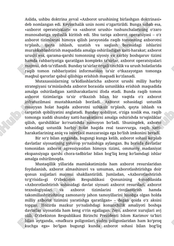 ng mohiyatini anglashga doir metodologik yondashuvlar, nazariyalar shakllandi. bunday sharoitda axborot dunyo sahnidagi tarixiy raqobat kechadigan sohaga aylanib, «axborot urushi» deb nomlanayotgan faol kurash shakli paydo bo‘lmokda. bugungi kunda axborot urushlari haqida ko‘p yozilmoqda. bu tushunchaning paydo bo‘lish tarixi, ilk marotaba ko‘llanilishi haqida turli, ba’zida bir-biriga zid fikr-mulohazalar mavjud. ularga alohida ravishda to‘xtalmagan holda, bu boradagi ayrim nuqtai nazarlarga e’tiborni qaratish joiz. manbalarda ta’kidlanishicha, «axborot urushi» atamasi ilk bor 1976 yil «boeing» kompaniyasi uchun tayyorlangan «qurol tizimi va axborot urushi» deb nomlangan hisobotda tomas rona tomonidan ishlatilgan. hujjatda mutaxassis axborot infratuzilmasi aqsh iqtisodiyotining muhim komponentiga aylanib borayotgan axborot sohasi ham urush, ham tinchlik holatlarida nozik, zaif tarmoq bo‘lib qolayotganini ta’kidlagan. t.rona tomonidan ilgari surilgan ushbu g‘oya harbiylar ommaviy axborot vositalari xodimlarida katta qiziqish uyg‘otdi, bu borada ilmiy tahlillar, intervyular, chiqishlar avj oldi. 1980 yillarga kelib esa jamoatchilikda axborotning maqsad hamda qurol, vosita sifatida namoyon bo‘lishi haqida yagona xulosa shakllandi. «sovuq …
